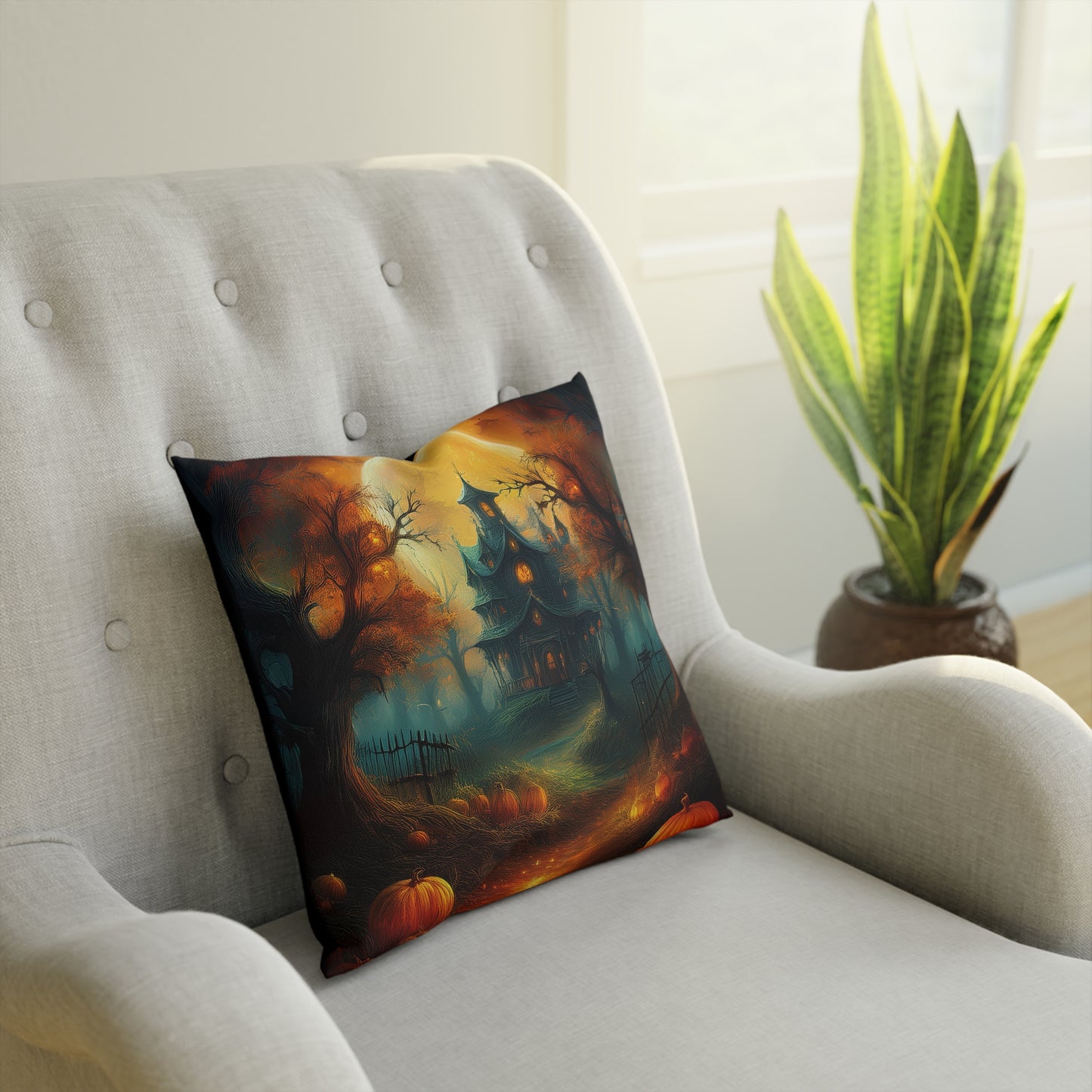 Halloween Spooky House and  Pumpkin Patch Seasonal Cushion