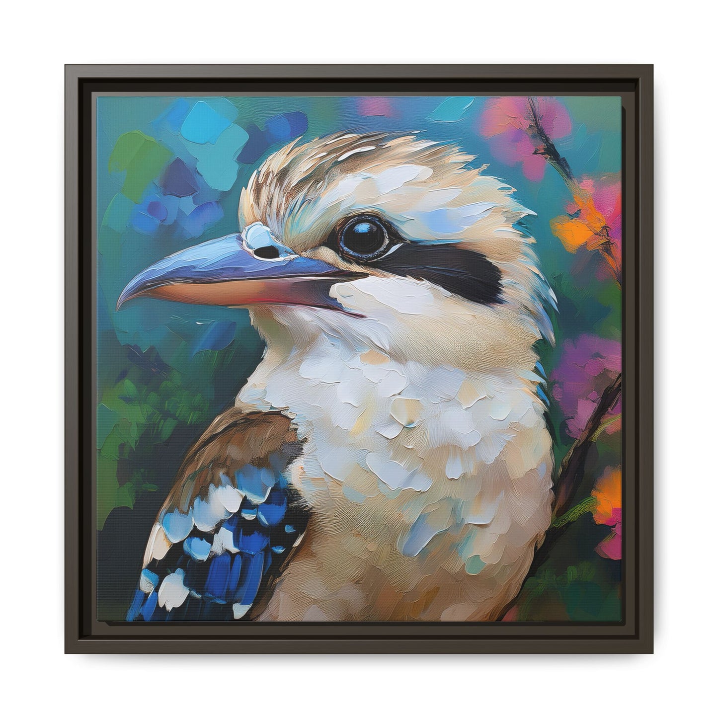 Kookaburra Australian Bird Oil Painting Framed Canvas Wall Art Print - Square Frame, Gallery Wrap, Bird Art, Home Decor, Gift for Bird