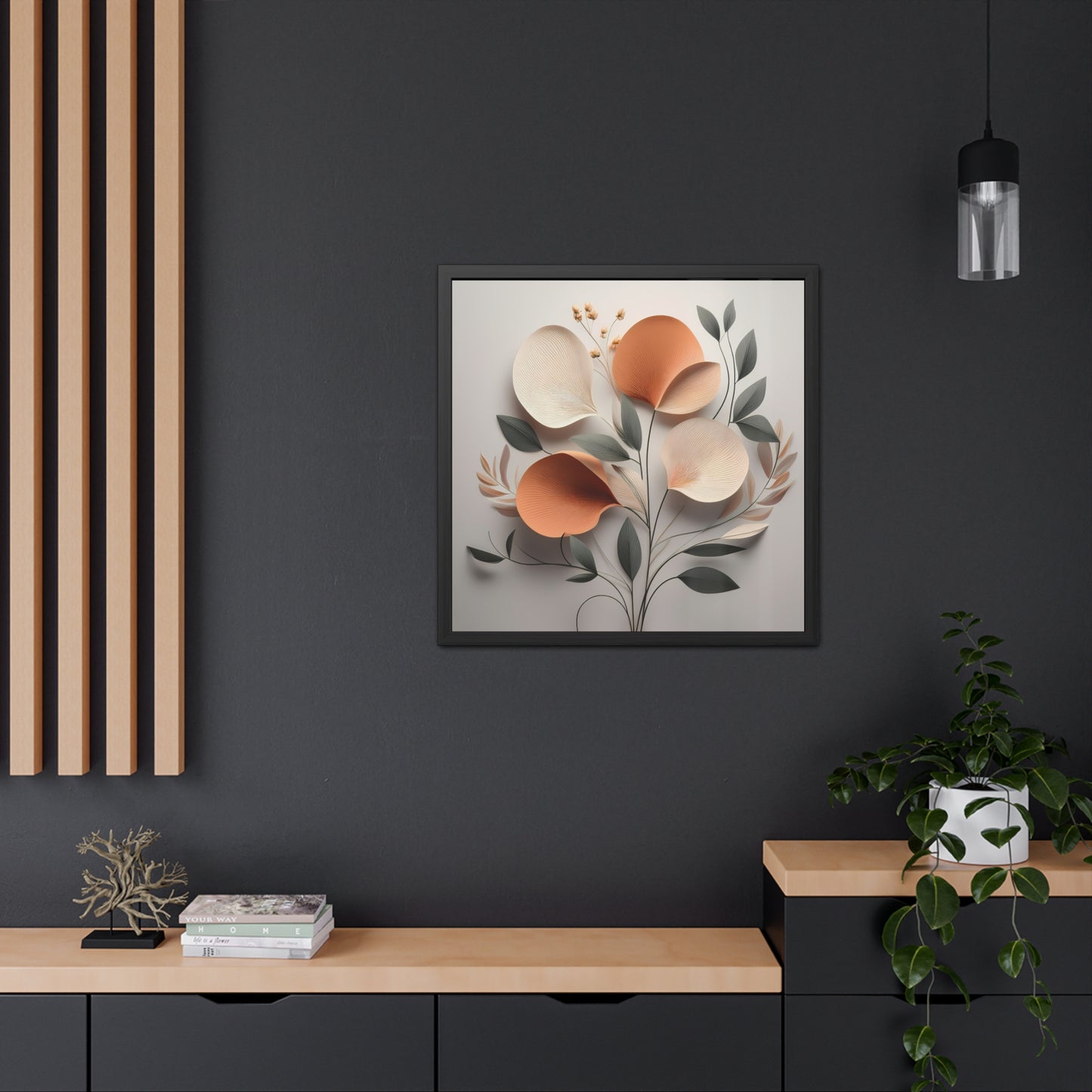 Floral wall art print, minimalist floral square framed print, modern botanical decor, orange and neutral tones