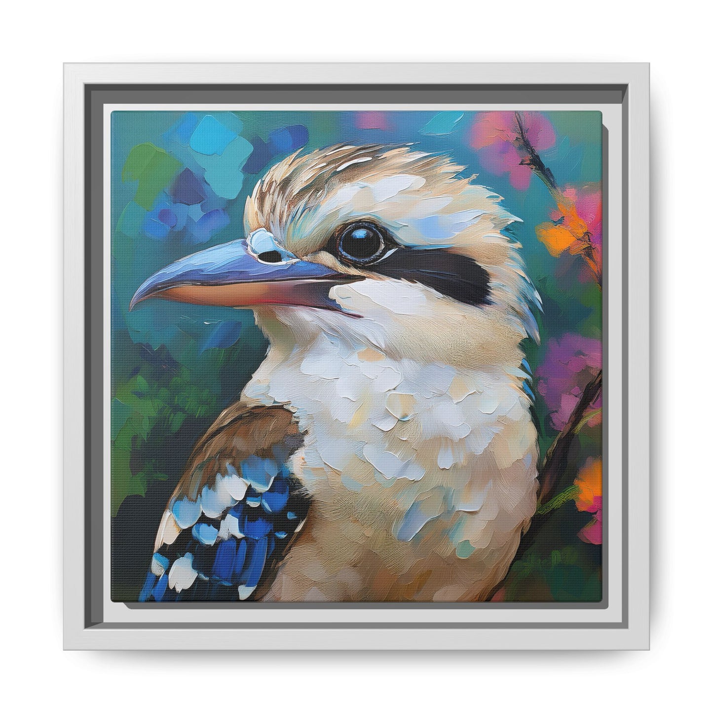 Kookaburra Australian Bird Oil Painting Framed Canvas Wall Art Print - Square Frame, Gallery Wrap, Bird Art, Home Decor, Gift for Bird
