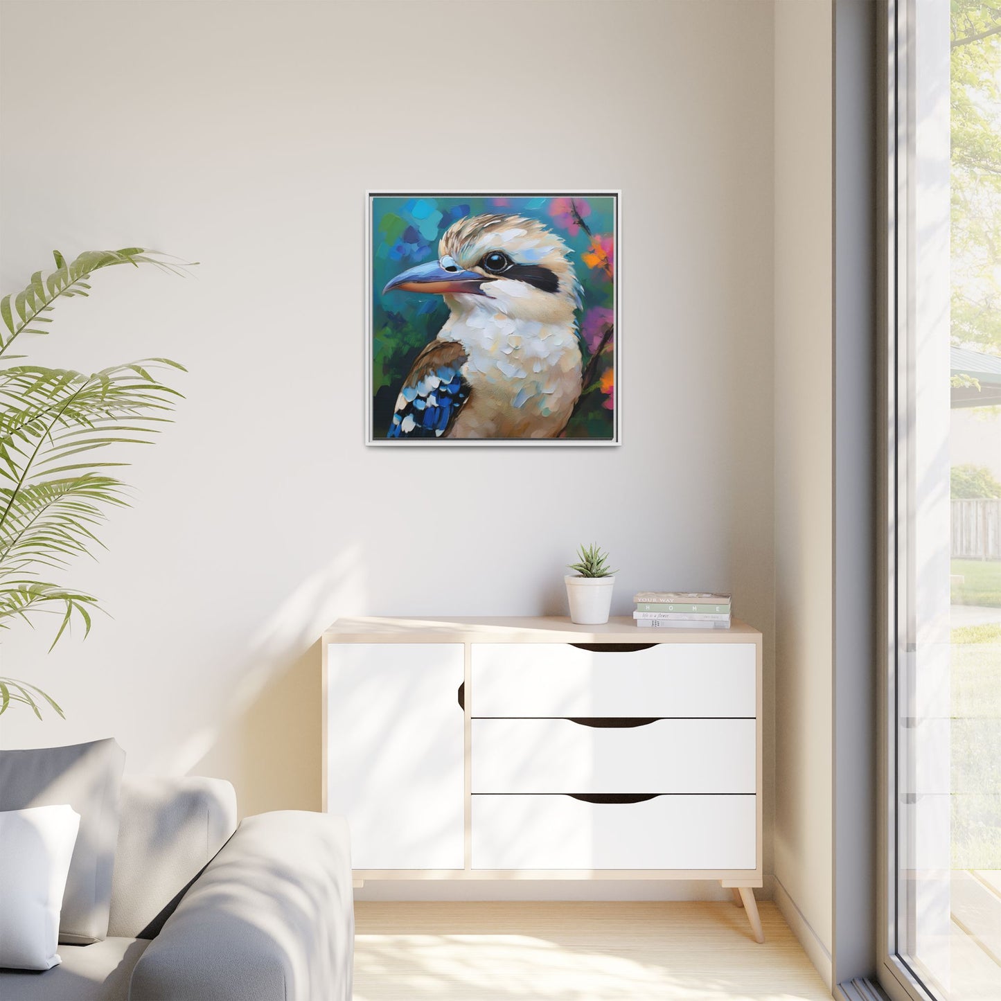 Kookaburra Australian Bird Oil Painting Framed Canvas Wall Art Print - Square Frame, Gallery Wrap, Bird Art, Home Decor, Gift for Bird