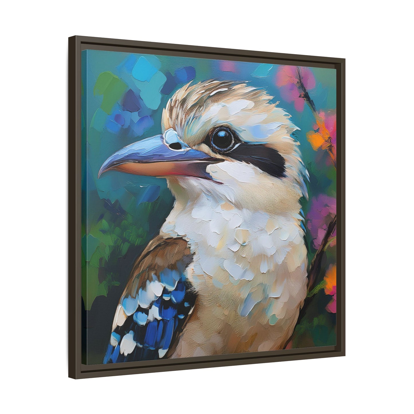 Kookaburra Australian Bird Oil Painting Framed Canvas Wall Art Print - Square Frame, Gallery Wrap, Bird Art, Home Decor, Gift for Bird