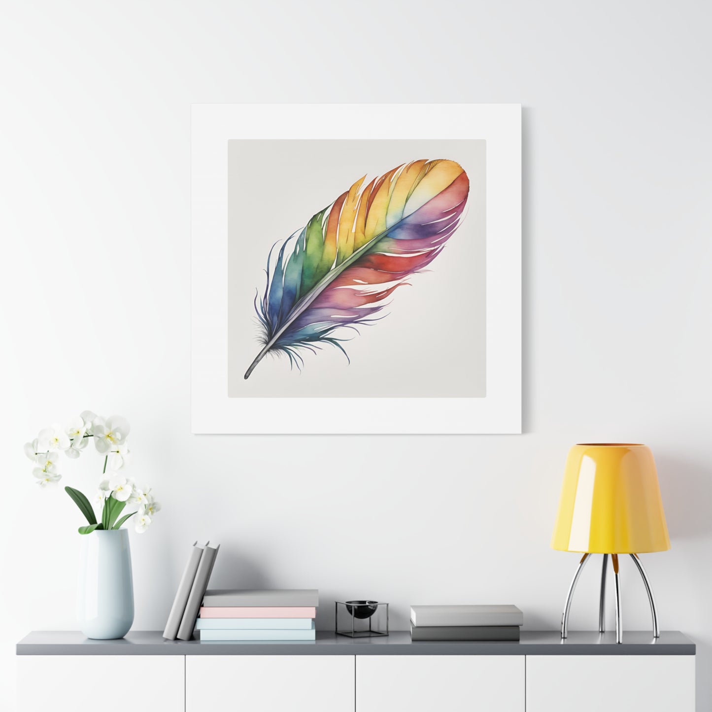 Rainbow Single Feather Watercolor Canvas Wall Art | Wall Print