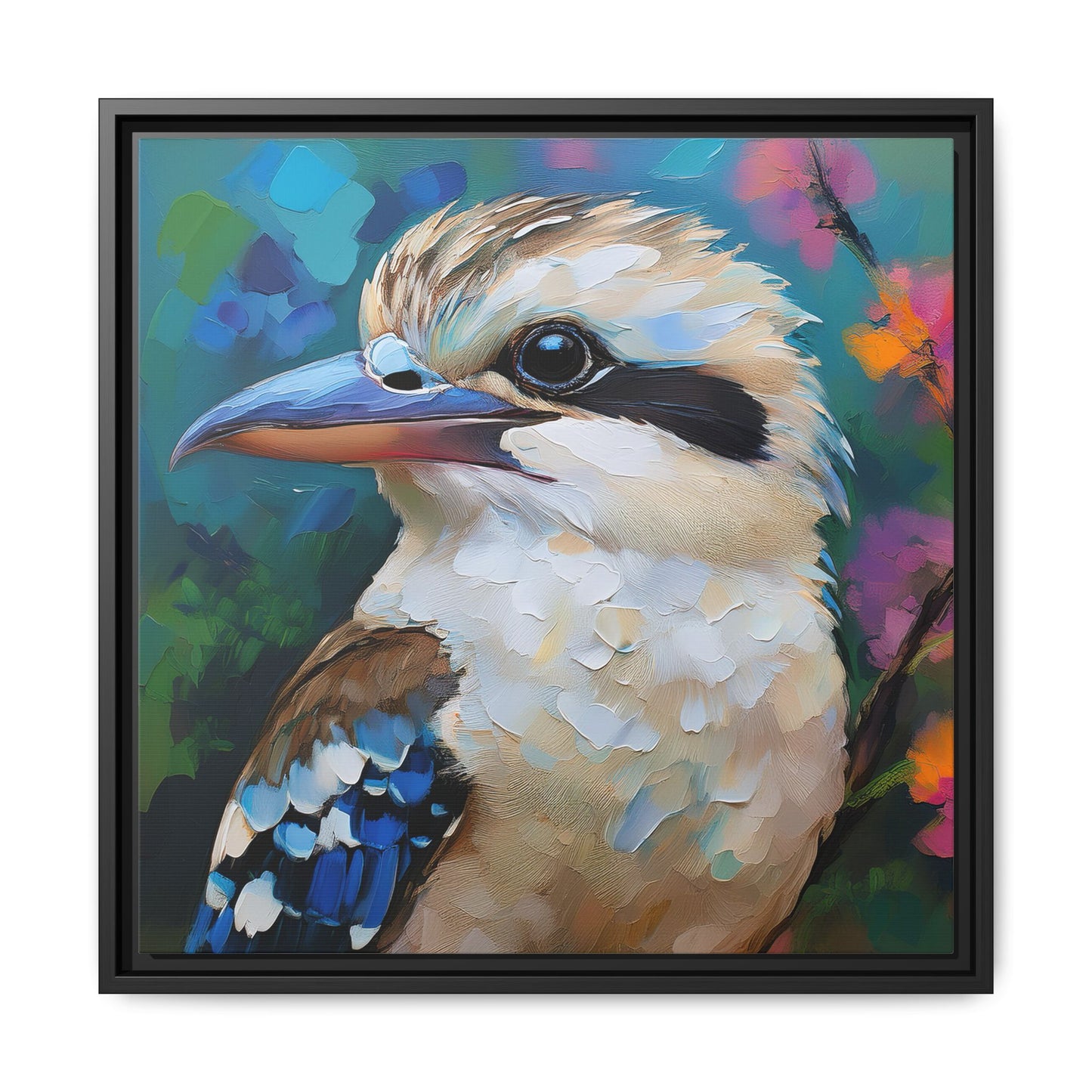 Kookaburra Australian Bird Oil Painting Framed Canvas Wall Art Print - Square Frame, Gallery Wrap, Bird Art, Home Decor, Gift for Bird