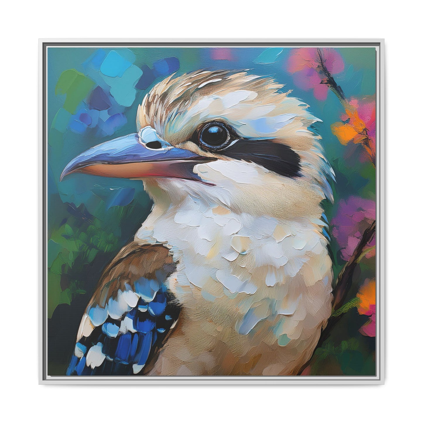 Kookaburra Australian Bird Oil Painting Framed Canvas Wall Art Print - Square Frame, Gallery Wrap, Bird Art, Home Decor, Gift for Bird