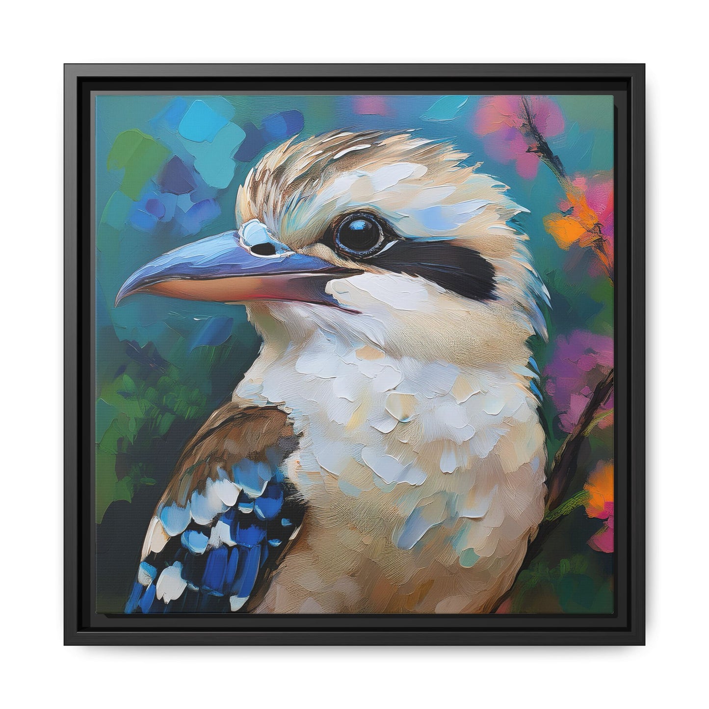 Kookaburra Australian Bird Oil Painting Framed Canvas Wall Art Print - Square Frame, Gallery Wrap, Bird Art, Home Decor, Gift for Bird