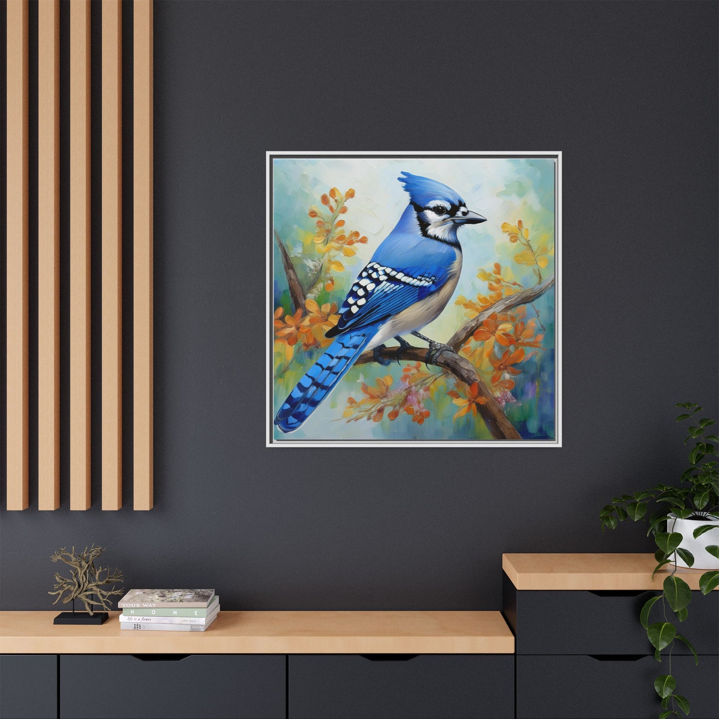 Blue Jay Bird Oil Painting Framed Canvas for Bird Lovers Home Decor, Indoor Wall Art, Wall Print, Bird Art, Living Room Wall Art