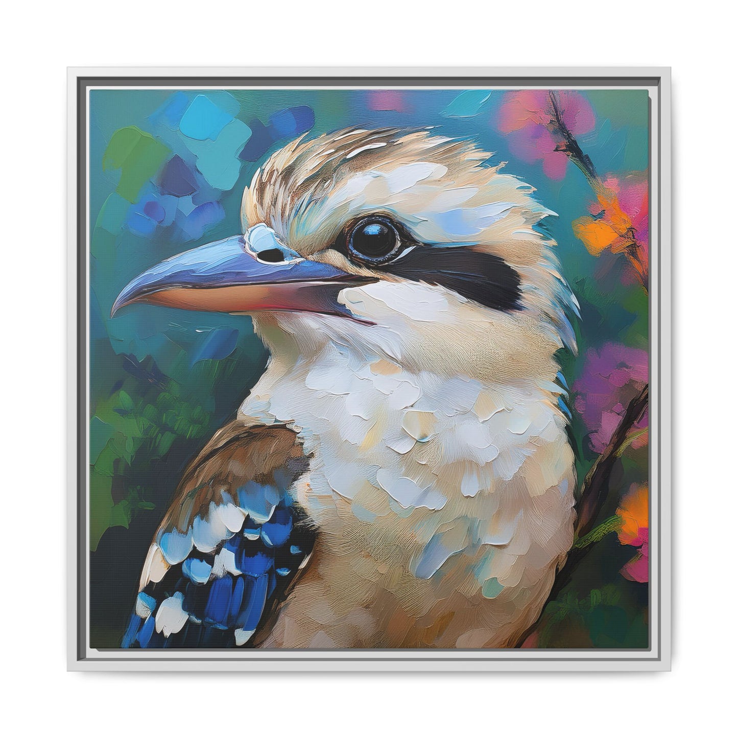 Kookaburra Australian Bird Oil Painting Framed Canvas Wall Art Print - Square Frame, Gallery Wrap, Bird Art, Home Decor, Gift for Bird