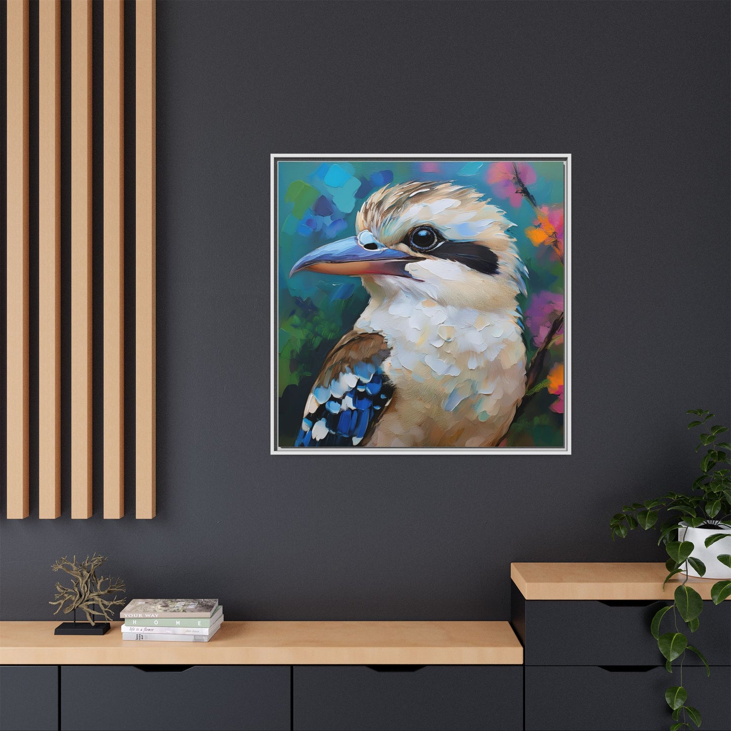 Kookaburra Australian Bird Oil Painting Framed Canvas Wall Art Print - Square Frame, Gallery Wrap, Bird Art, Home Decor, Gift for Bird