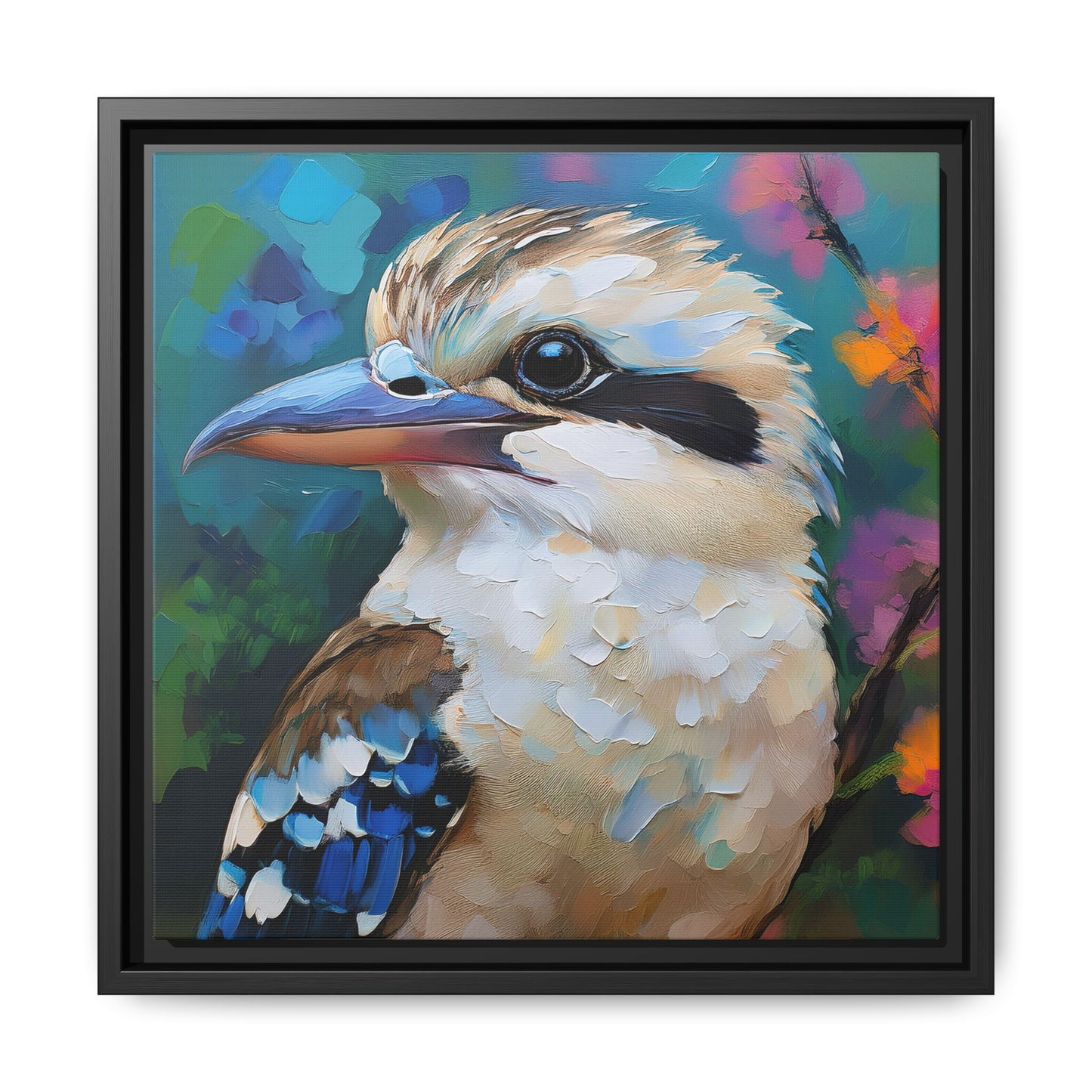 Kookaburra Australian Bird Oil Painting Framed Canvas Wall Art Print - Square Frame, Gallery Wrap, Bird Art, Home Decor, Gift for Bird