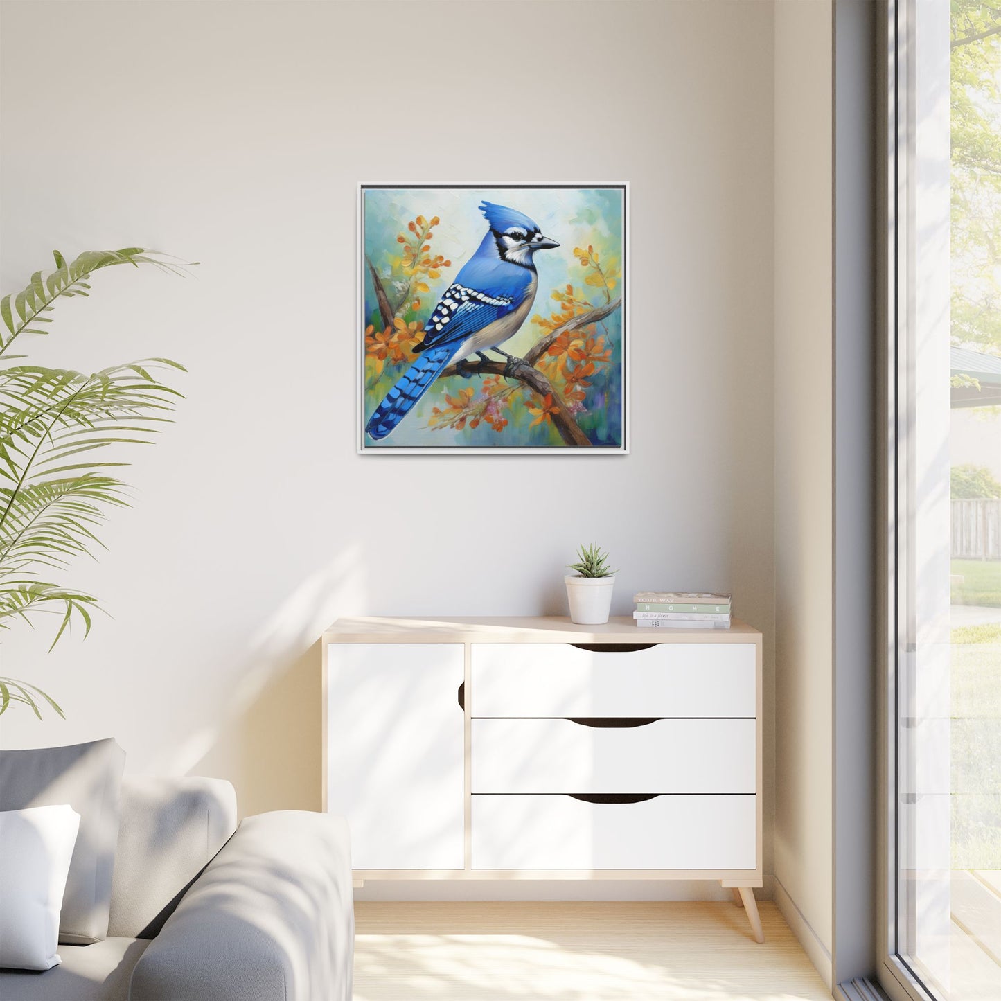 Blue Jay Bird Oil Painting Framed Canvas for Bird Lovers Home Decor, Indoor Wall Art, Wall Print, Bird Art, Living Room Wall Art