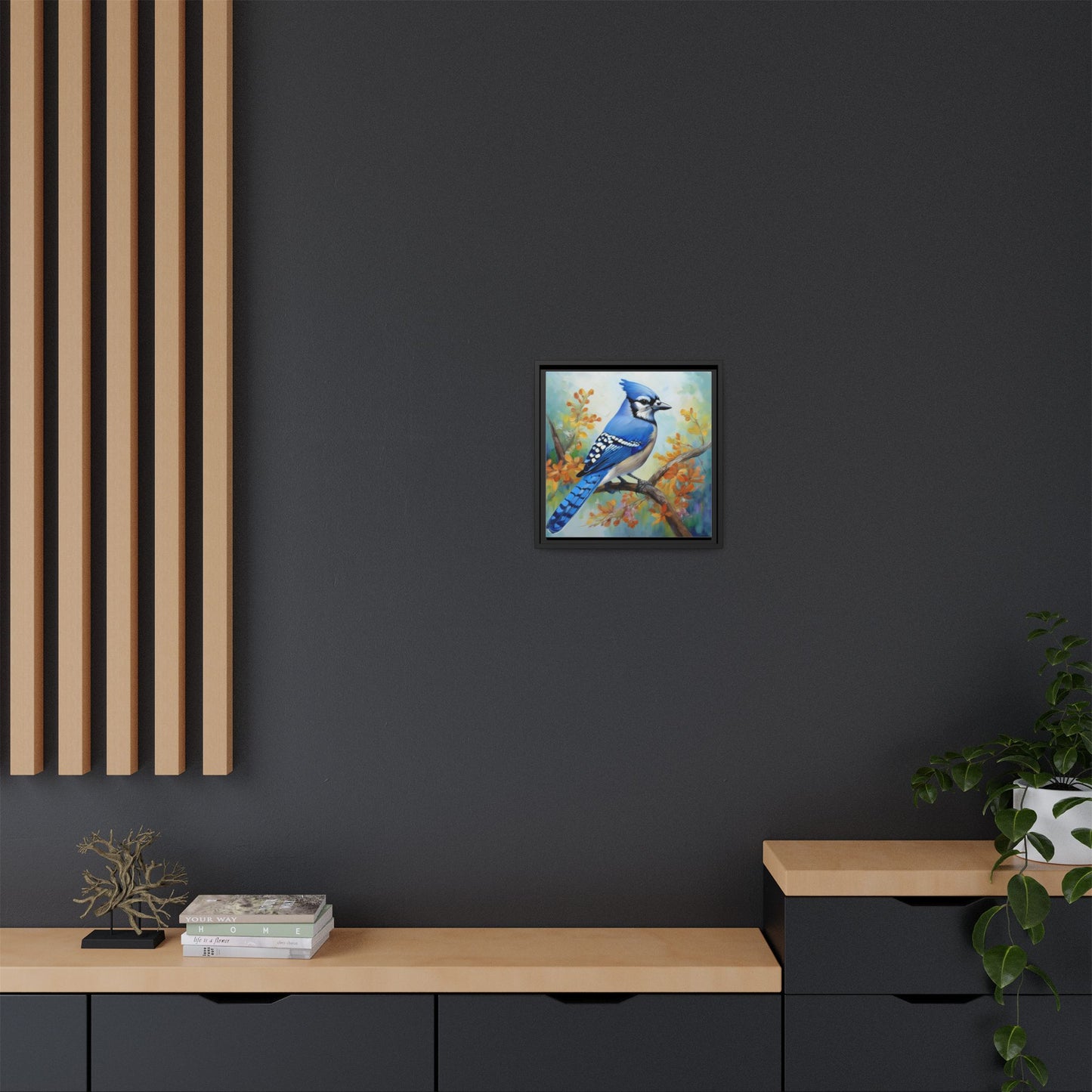 Blue Jay Bird Oil Painting Framed Canvas for Bird Lovers Home Decor, Indoor Wall Art, Wall Print, Bird Art, Living Room Wall Art