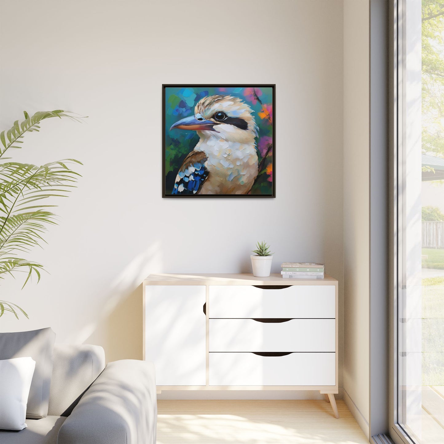 Kookaburra Australian Bird Oil Painting Framed Canvas Wall Art Print - Square Frame, Gallery Wrap, Bird Art, Home Decor, Gift for Bird