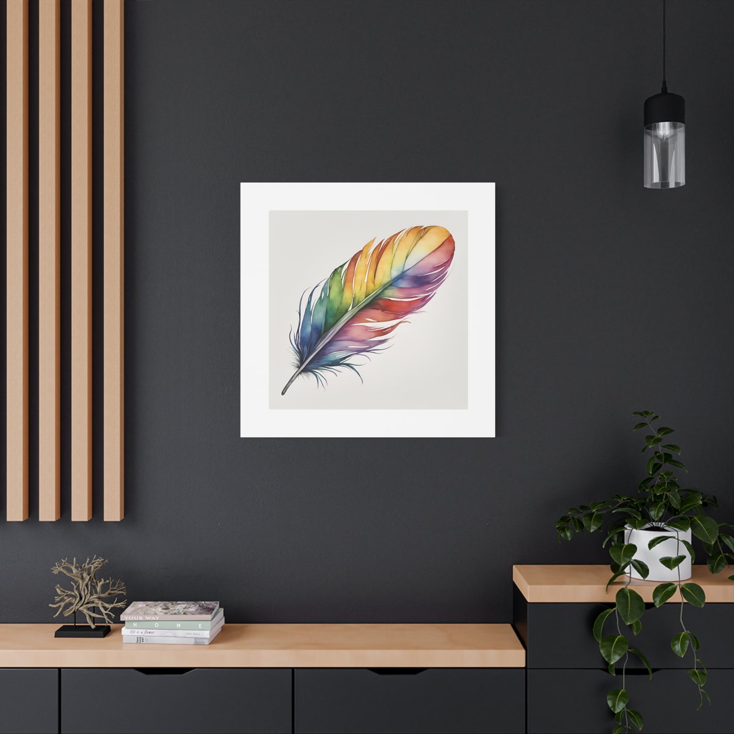 Rainbow Single Feather Watercolor Canvas Wall Art | Wall Print