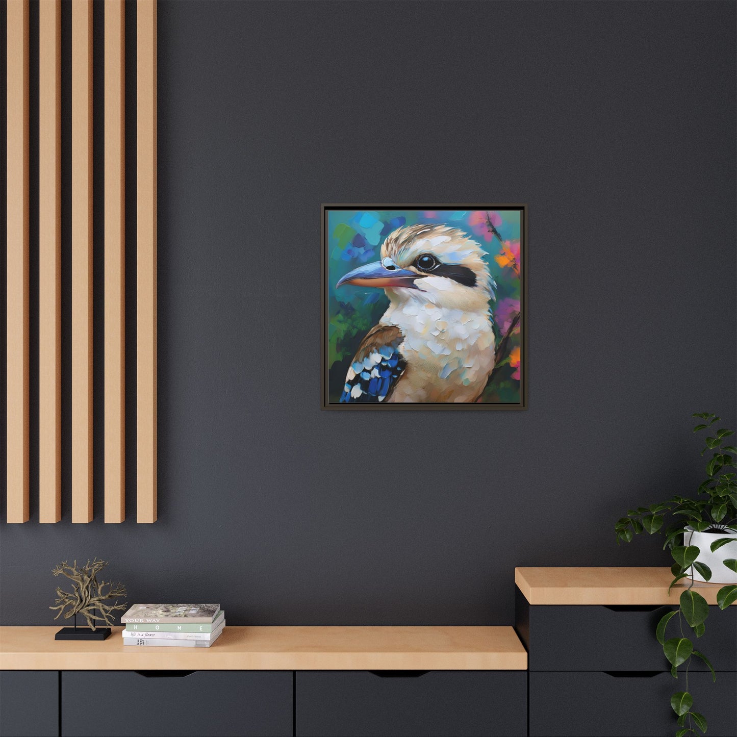 Kookaburra Australian Bird Oil Painting Framed Canvas Wall Art Print - Square Frame, Gallery Wrap, Bird Art, Home Decor, Gift for Bird