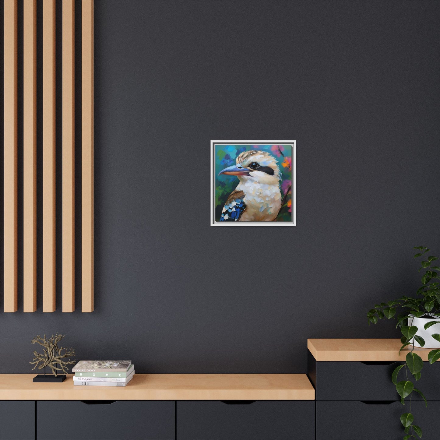 Kookaburra Australian Bird Oil Painting Framed Canvas Wall Art Print - Square Frame, Gallery Wrap, Bird Art, Home Decor, Gift for Bird