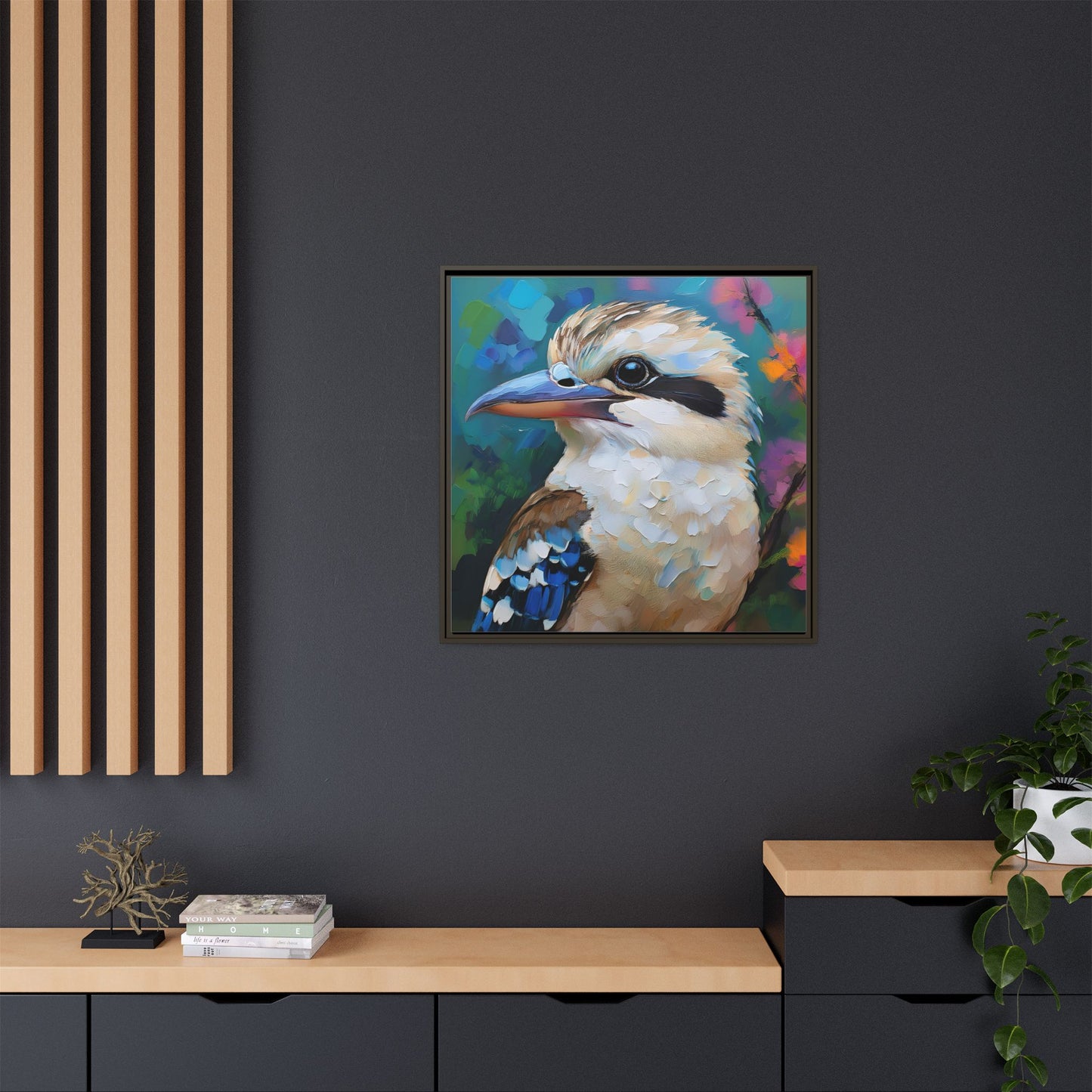 Kookaburra Australian Bird Oil Painting Framed Canvas Wall Art Print - Square Frame, Gallery Wrap, Bird Art, Home Decor, Gift for Bird