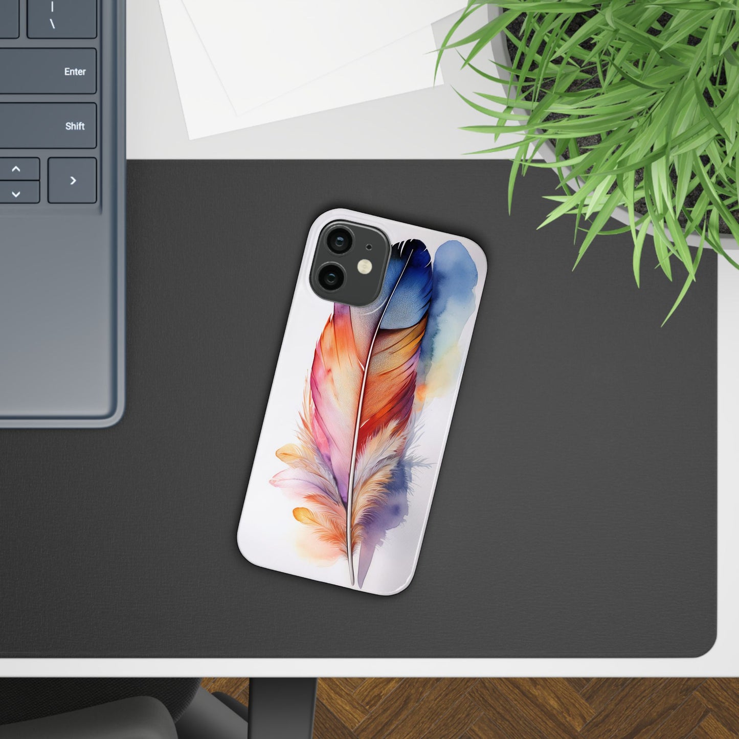 Rainbow Watercolor Feather Slim Phone Case