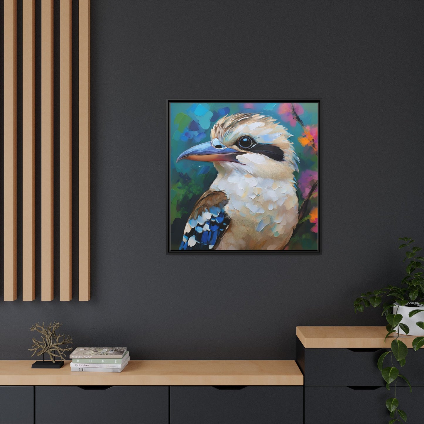 Kookaburra Australian Bird Oil Painting Framed Canvas Wall Art Print - Square Frame, Gallery Wrap, Bird Art, Home Decor, Gift for Bird