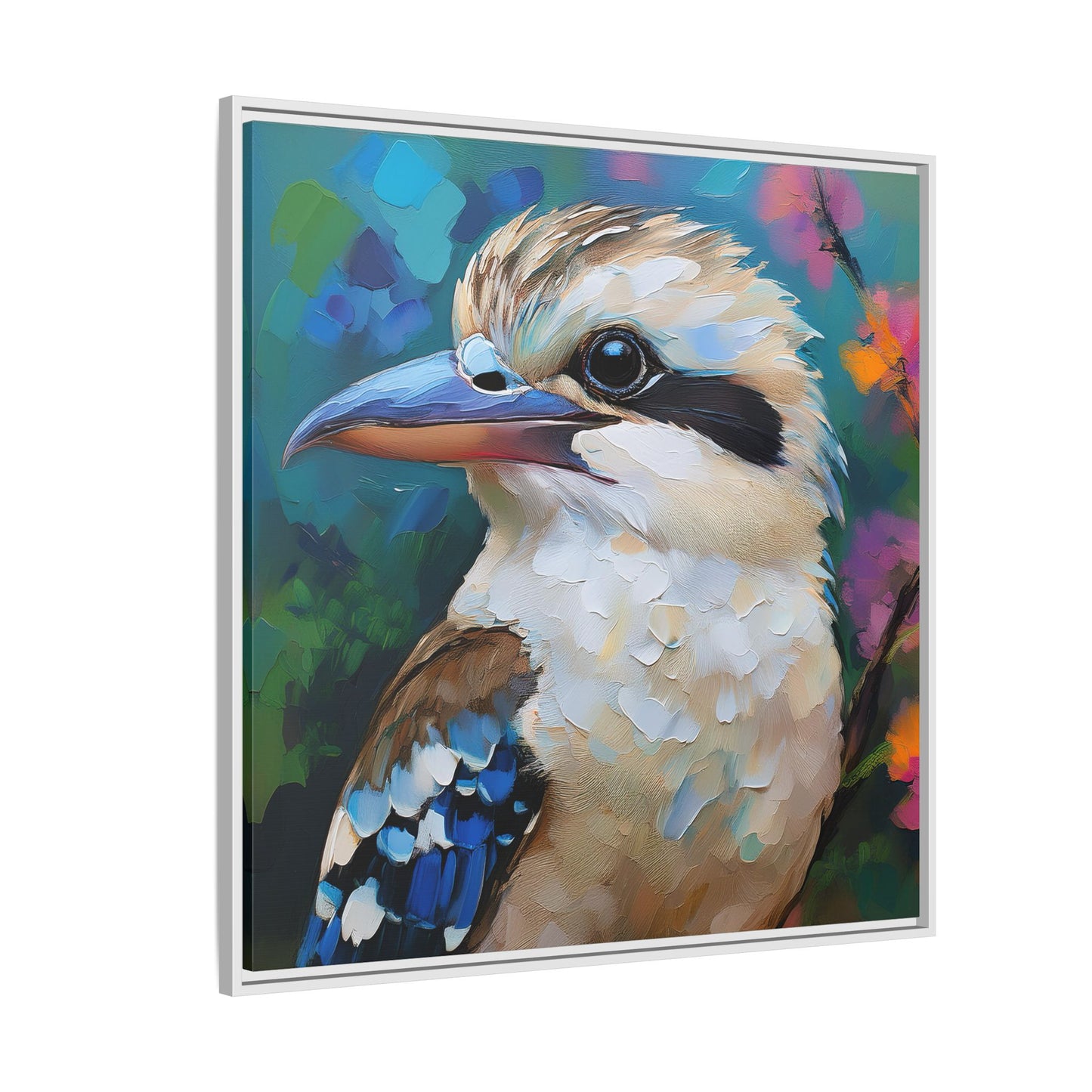 Kookaburra Australian Bird Oil Painting Framed Canvas Wall Art Print - Square Frame, Gallery Wrap, Bird Art, Home Decor, Gift for Bird