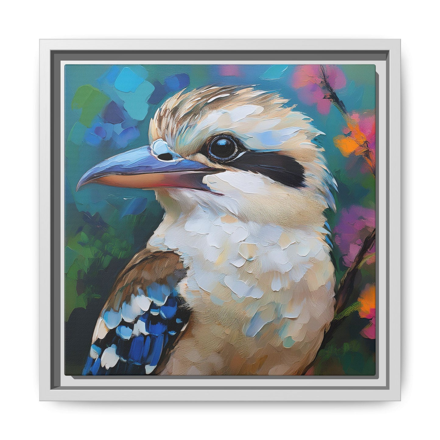 Kookaburra Australian Bird Oil Painting Framed Canvas Wall Art Print - Square Frame, Gallery Wrap, Bird Art, Home Decor, Gift for Bird