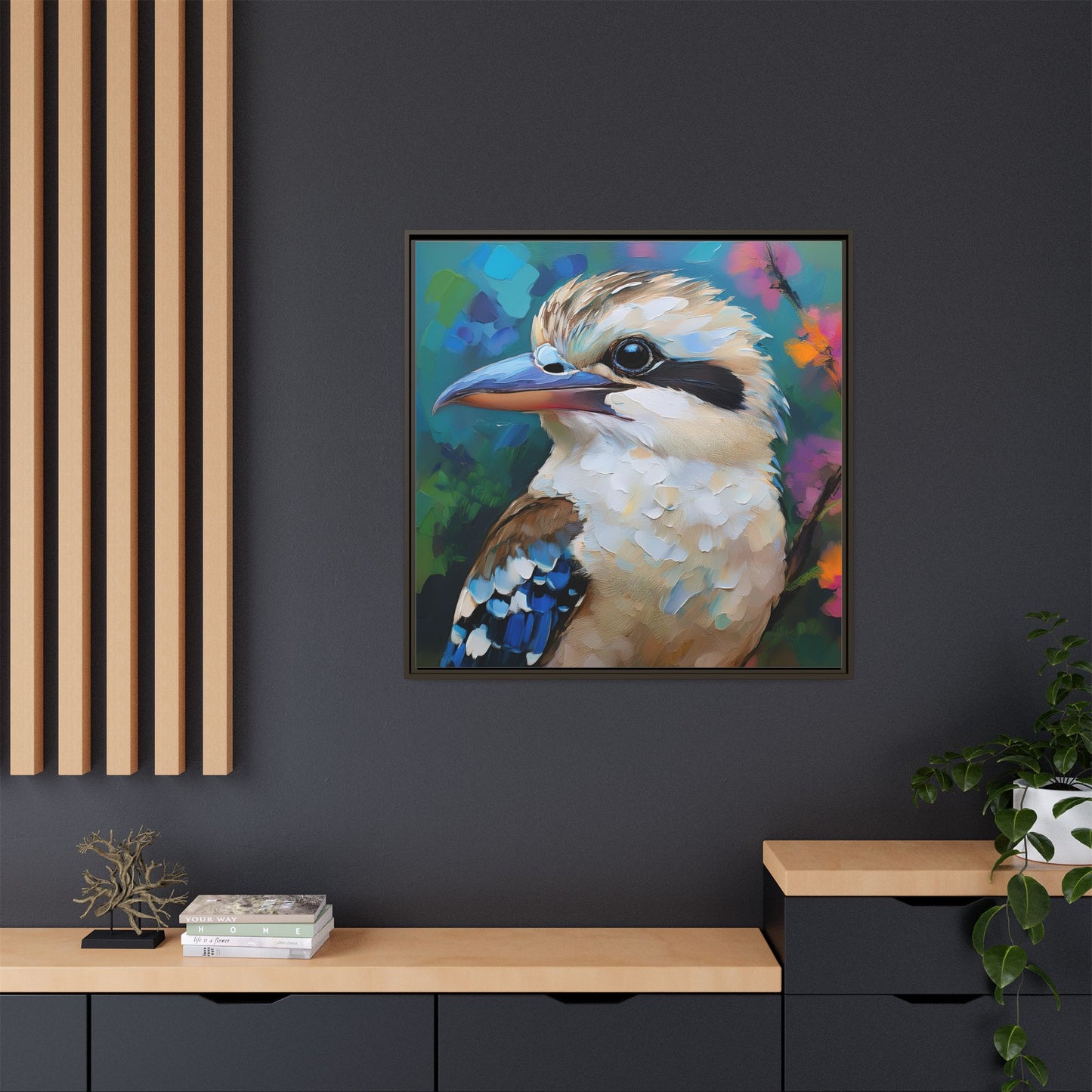 Kookaburra Australian Bird Oil Painting Framed Canvas Wall Art Print - Square Frame, Gallery Wrap, Bird Art, Home Decor, Gift for Bird