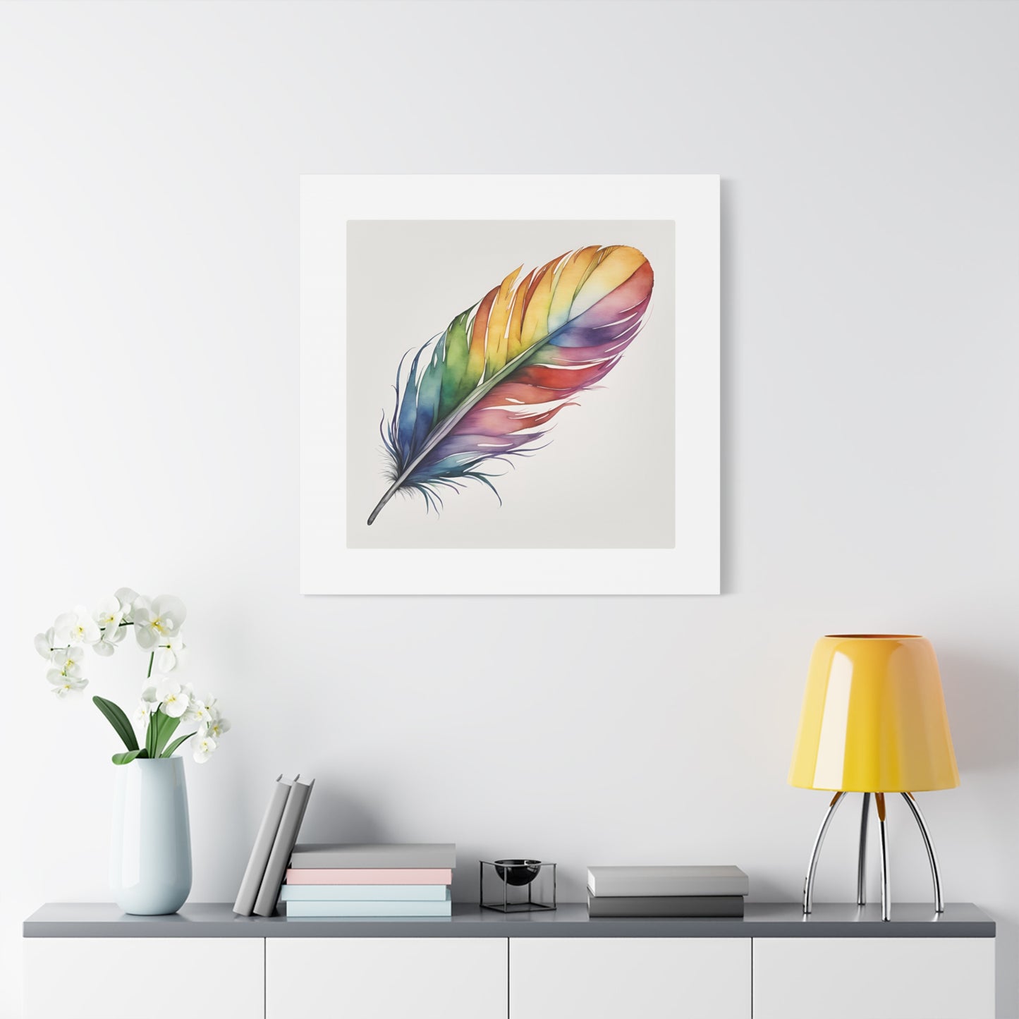 Rainbow Single Feather Watercolor Canvas Wall Art | Wall Print