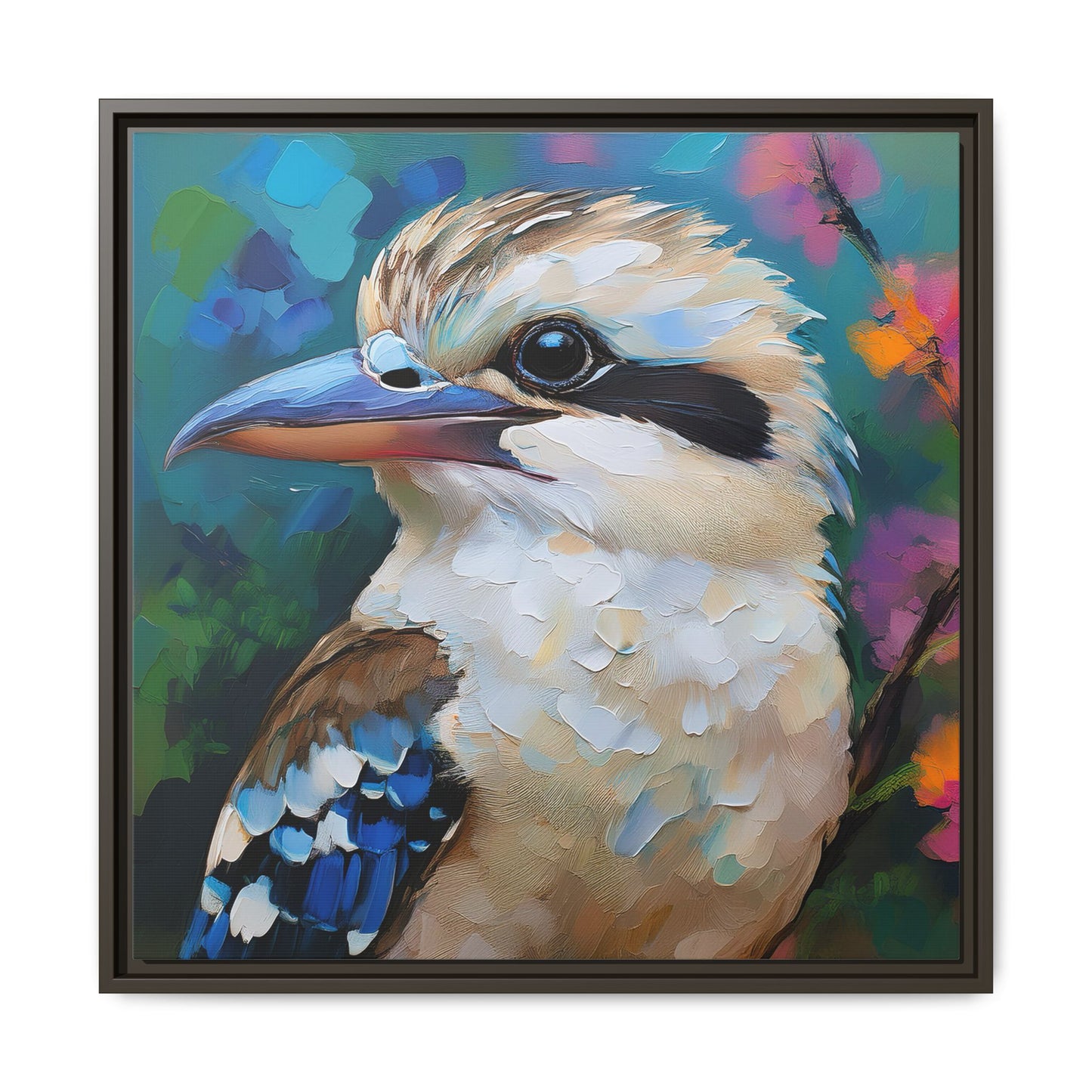 Kookaburra Australian Bird Oil Painting Framed Canvas Wall Art Print - Square Frame, Gallery Wrap, Bird Art, Home Decor, Gift for Bird