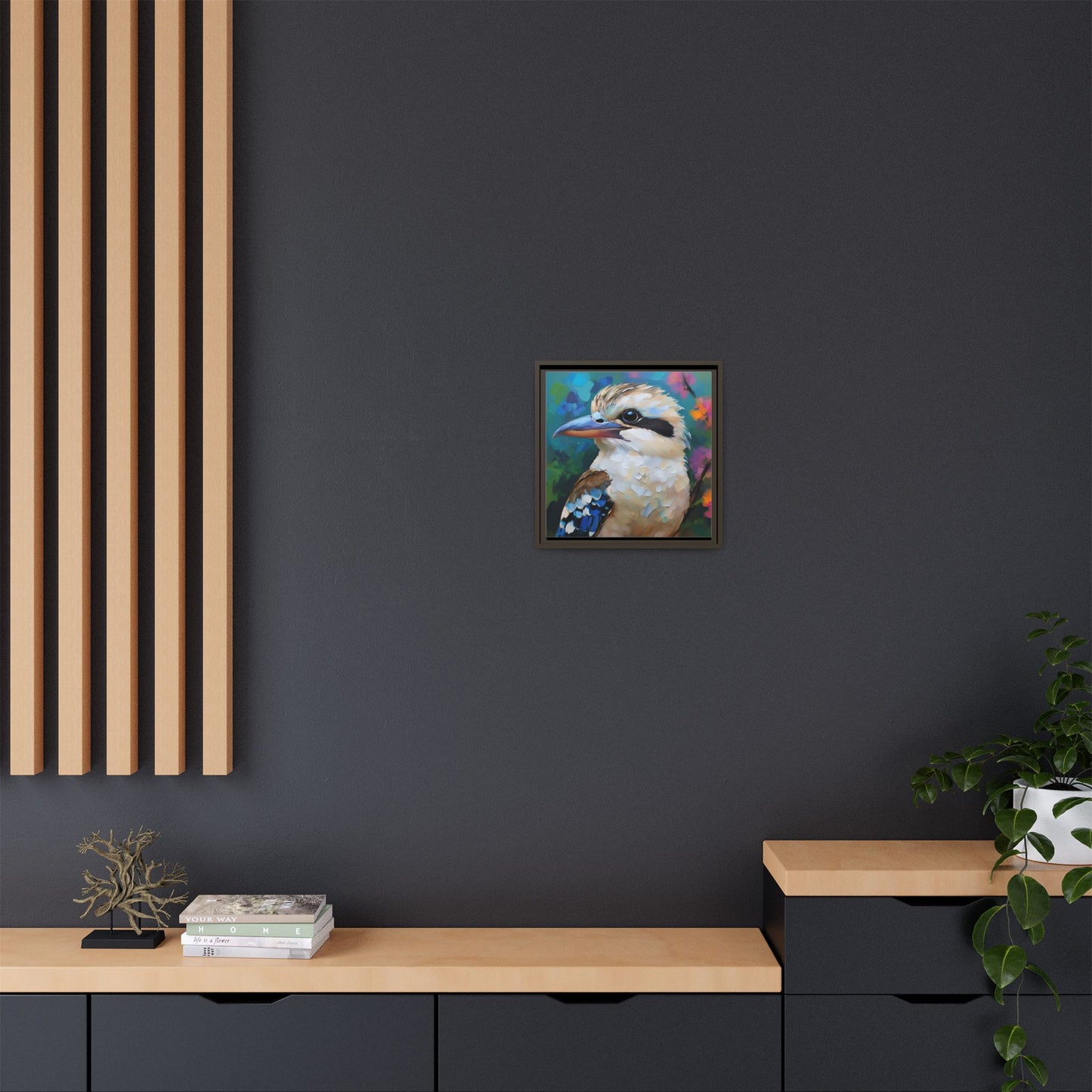 Kookaburra Australian Bird Oil Painting Framed Canvas Wall Art Print - Square Frame, Gallery Wrap, Bird Art, Home Decor, Gift for Bird