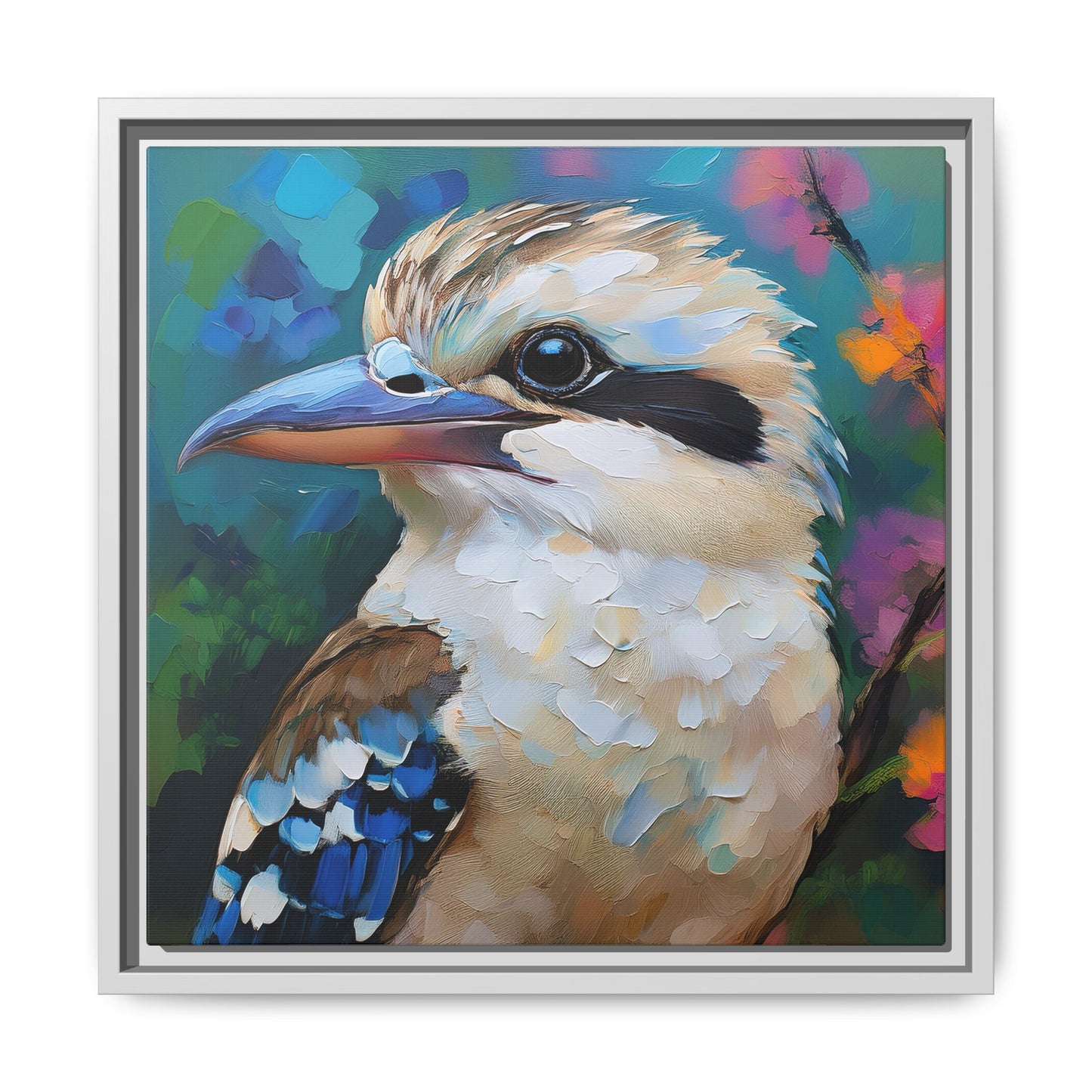 Kookaburra Australian Bird Oil Painting Framed Canvas Wall Art Print - Square Frame, Gallery Wrap, Bird Art, Home Decor, Gift for Bird