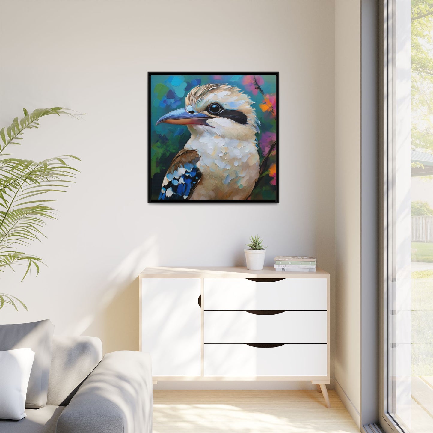 Kookaburra Australian Bird Oil Painting Framed Canvas Wall Art Print - Square Frame, Gallery Wrap, Bird Art, Home Decor, Gift for Bird