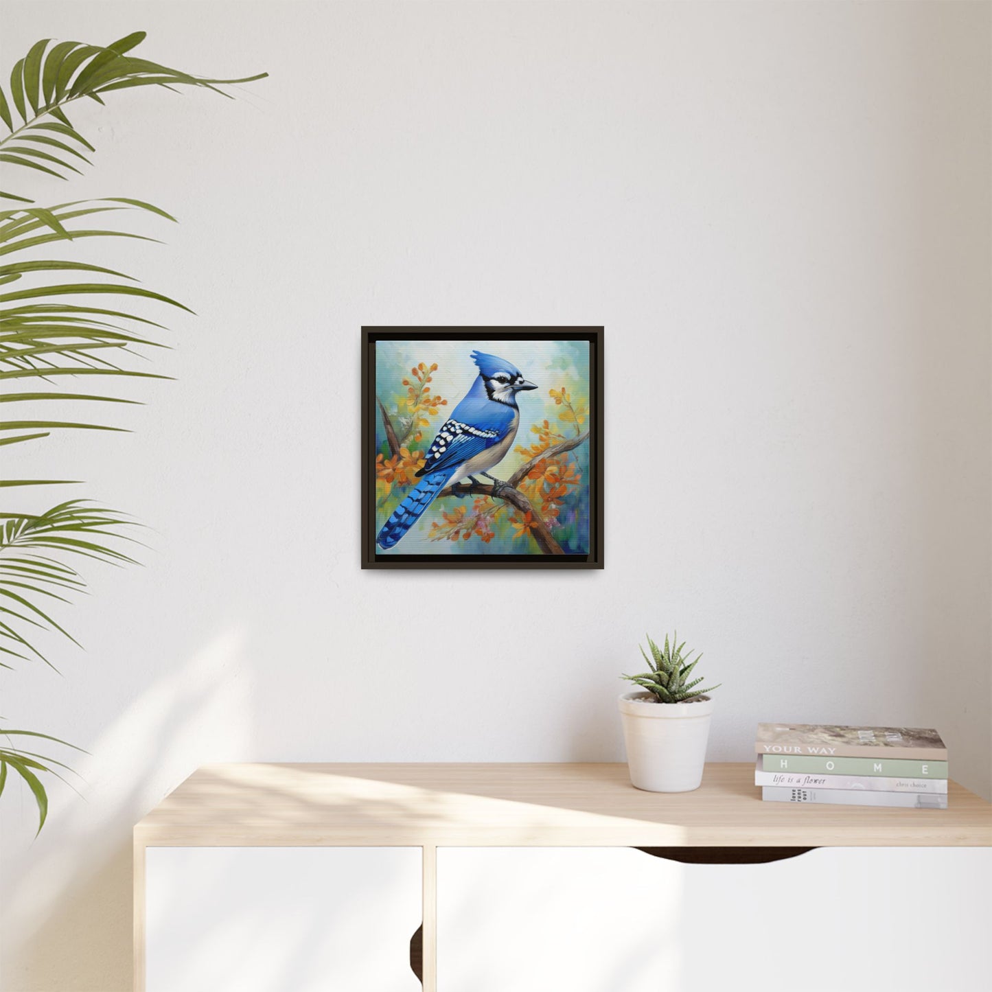 Blue Jay Bird Oil Painting Framed Canvas for Bird Lovers Home Decor, Indoor Wall Art, Wall Print, Bird Art, Living Room Wall Art