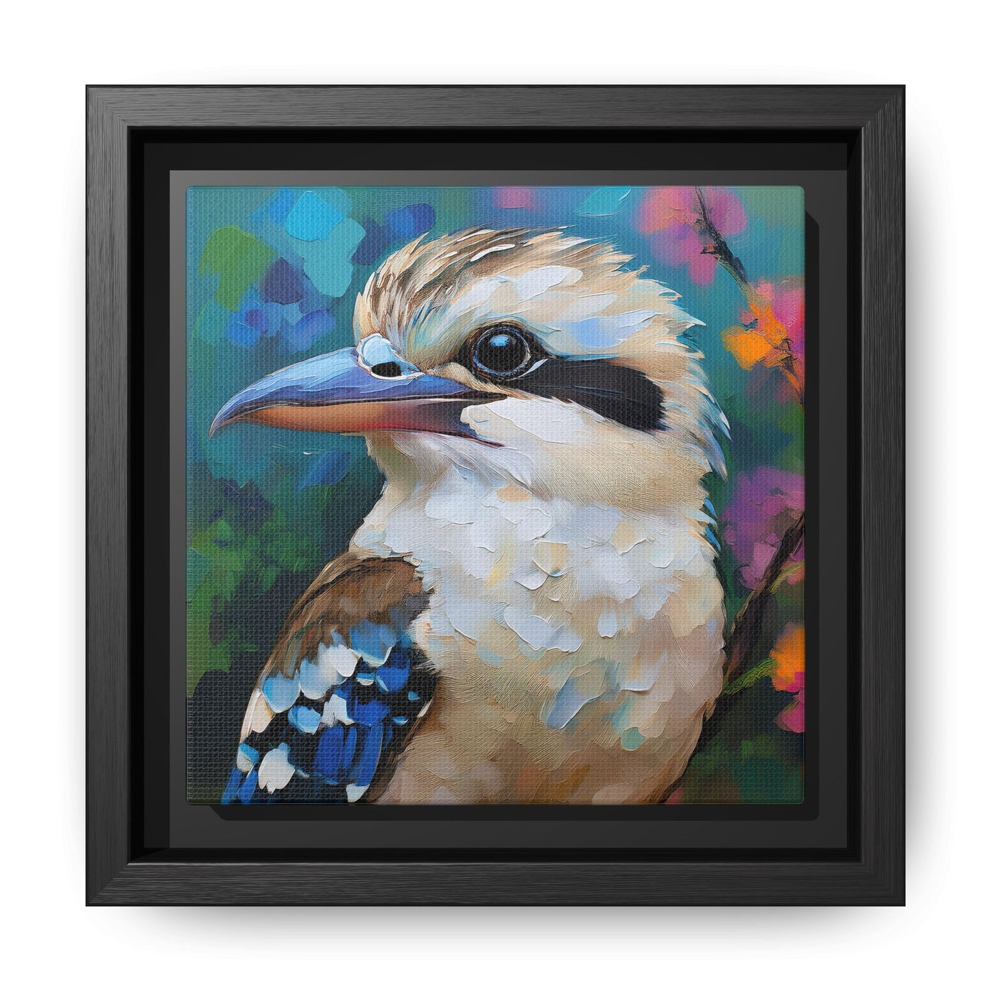 Kookaburra Australian Bird Oil Painting Framed Canvas Wall Art Print - Square Frame, Gallery Wrap, Bird Art, Home Decor, Gift for Bird