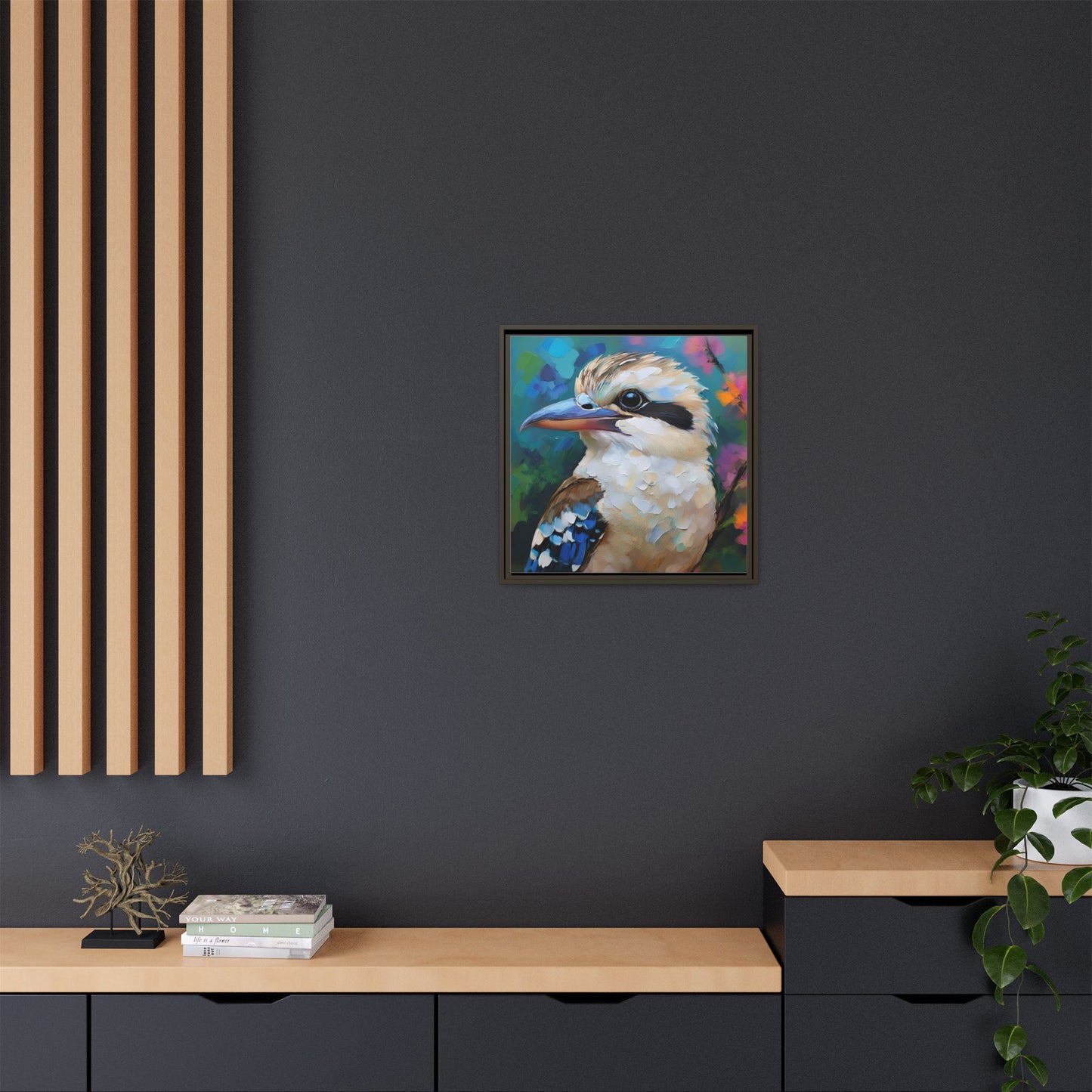 Kookaburra Australian Bird Oil Painting Framed Canvas Wall Art Print - Square Frame, Gallery Wrap, Bird Art, Home Decor, Gift for Bird