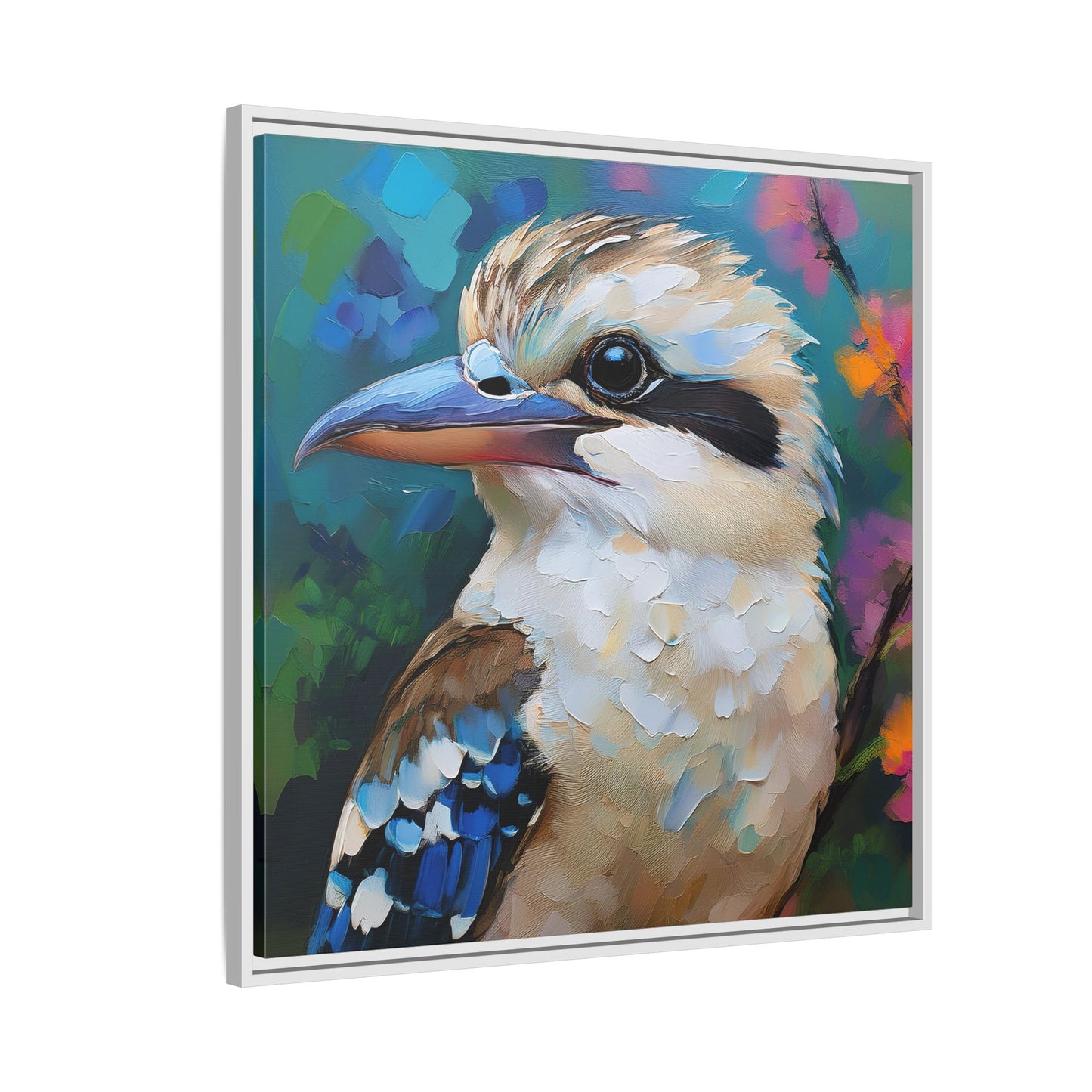 Kookaburra Australian Bird Oil Painting Framed Canvas Wall Art Print - Square Frame, Gallery Wrap, Bird Art, Home Decor, Gift for Bird