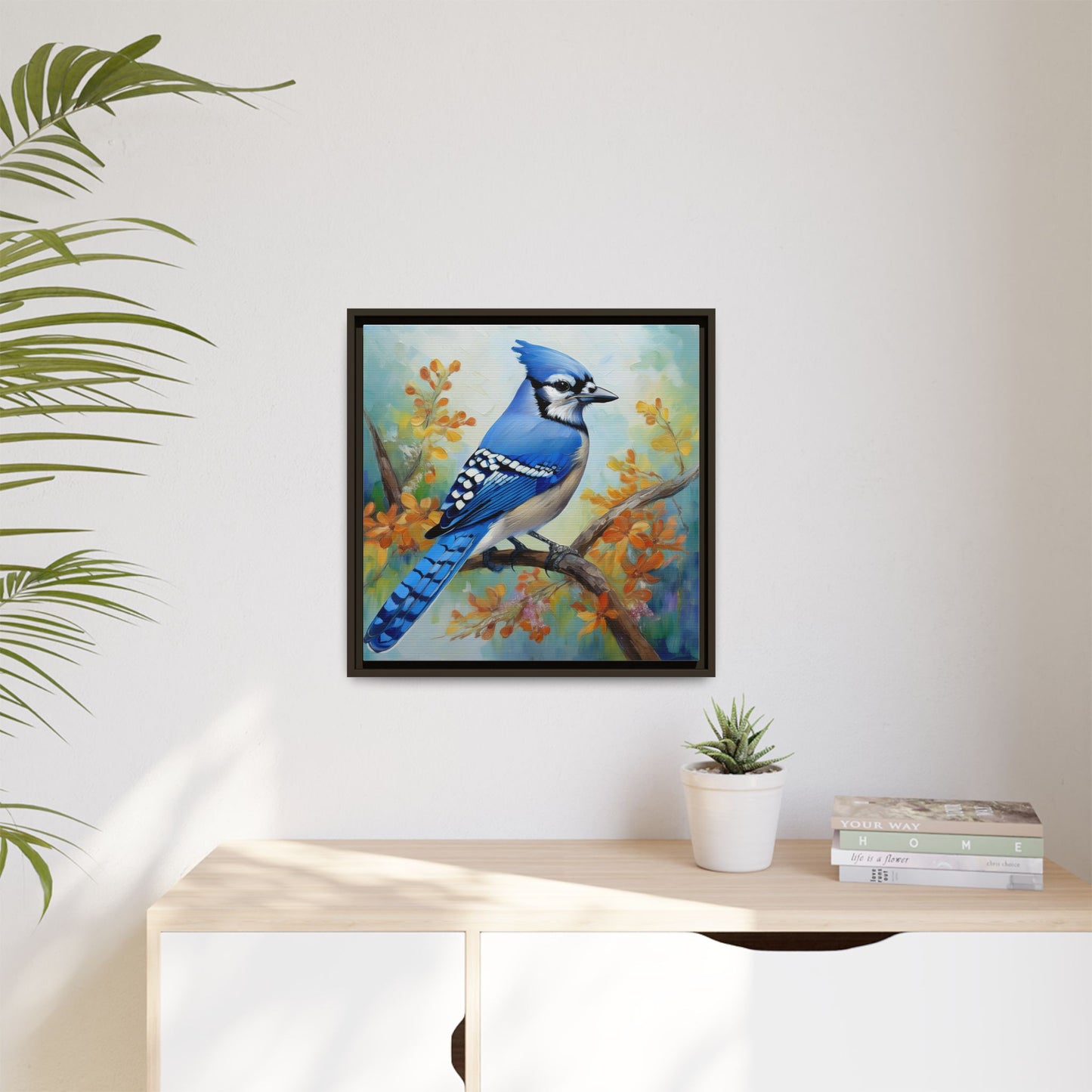 Blue Jay Bird Oil Painting Framed Canvas for Bird Lovers Home Decor, Indoor Wall Art, Wall Print, Bird Art, Living Room Wall Art