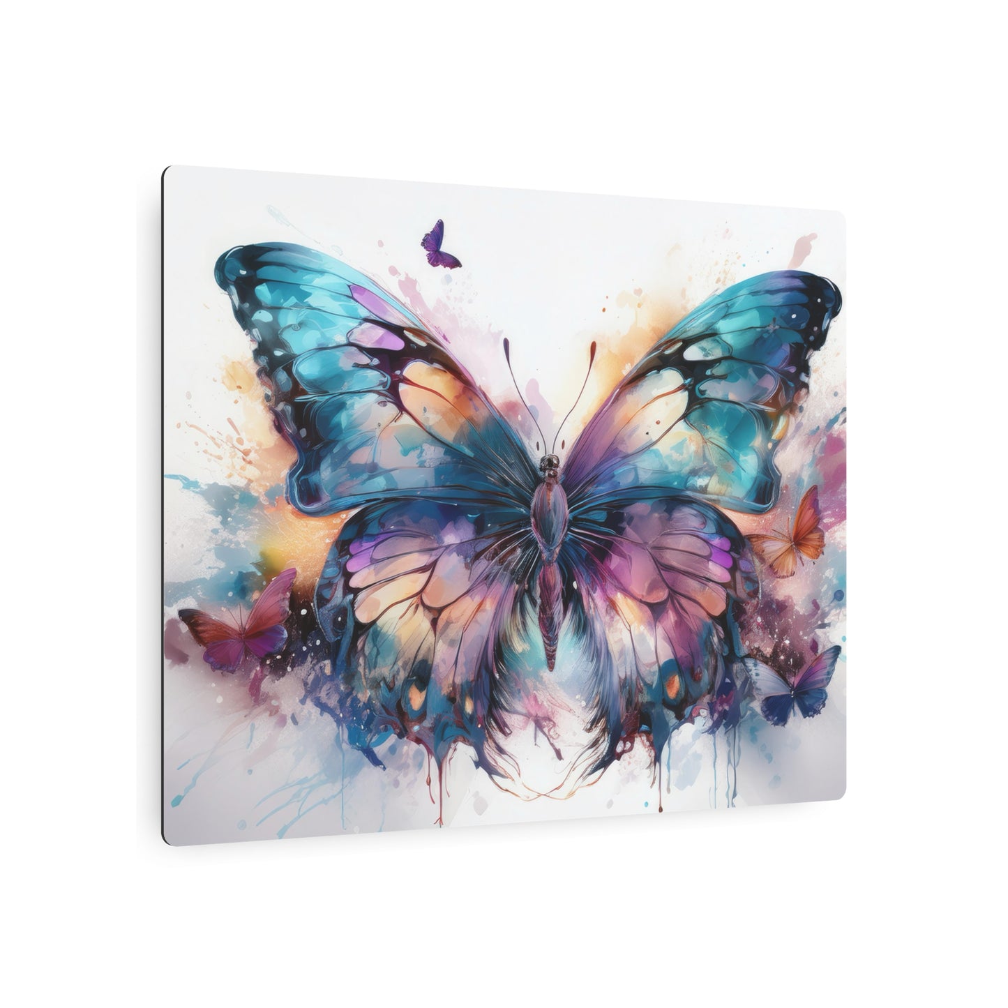 Butterfly Teal and Purple Ink Watercolor Metal Art Sign Print