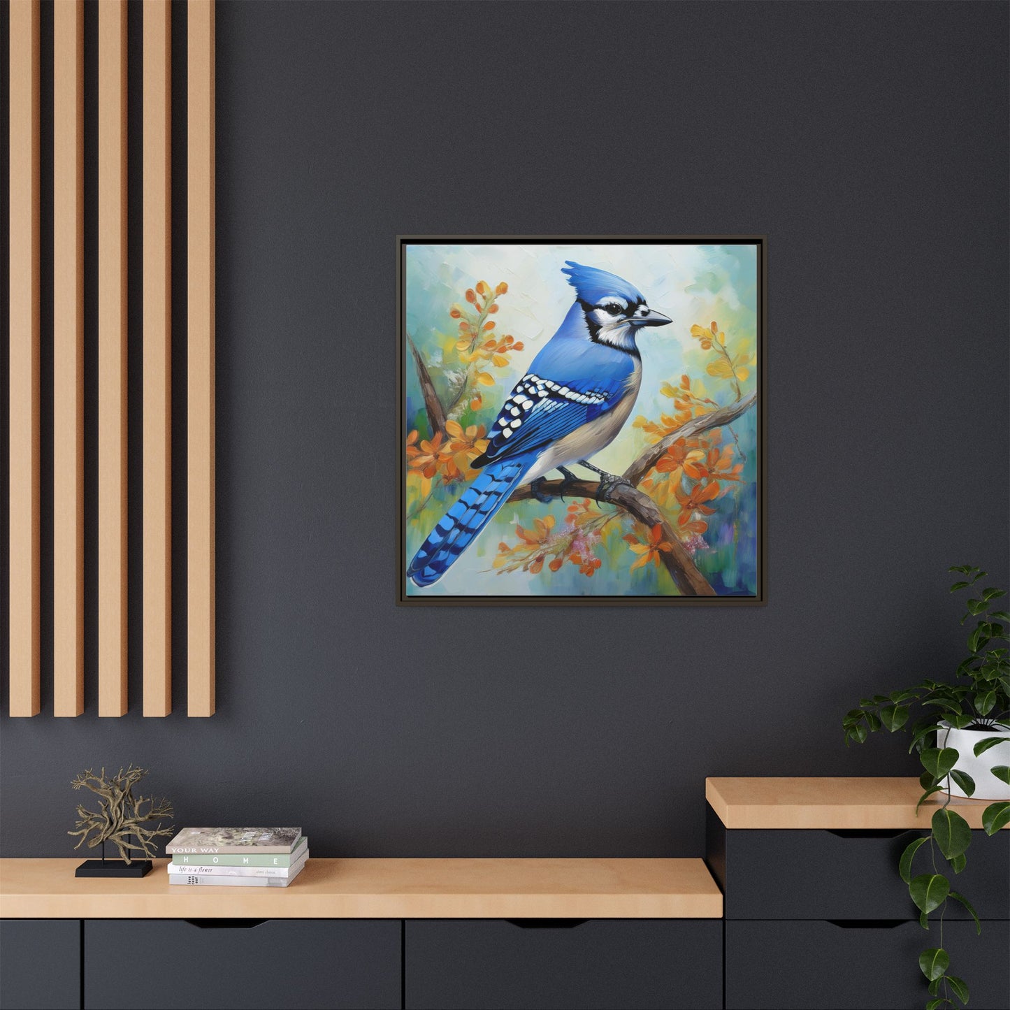 Blue Jay Bird Oil Painting Framed Canvas for Bird Lovers Home Decor, Indoor Wall Art, Wall Print, Bird Art, Living Room Wall Art