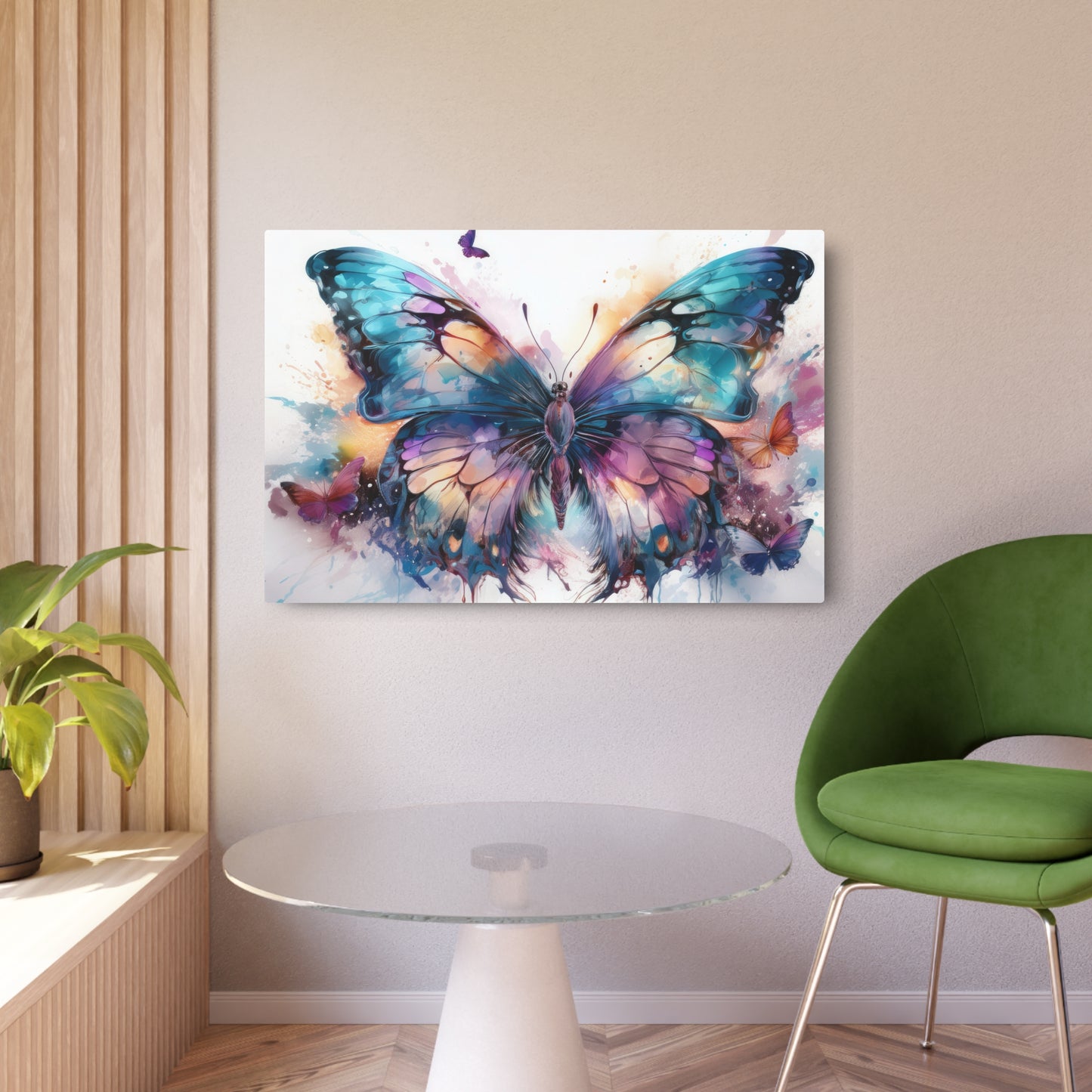 Butterfly Teal and Purple Ink Watercolor Metal Art Sign Print