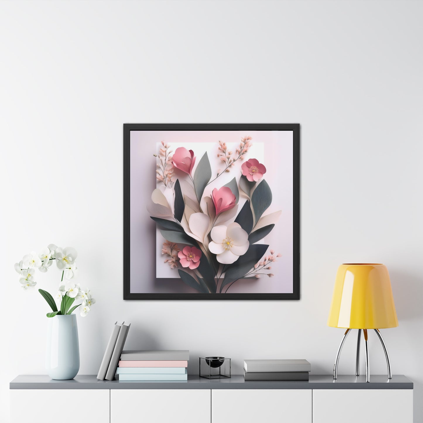Floral Minimalist Square Framed Print - Pink Wall Art, Modern Abstract Flower Design, Elegant Home Decor