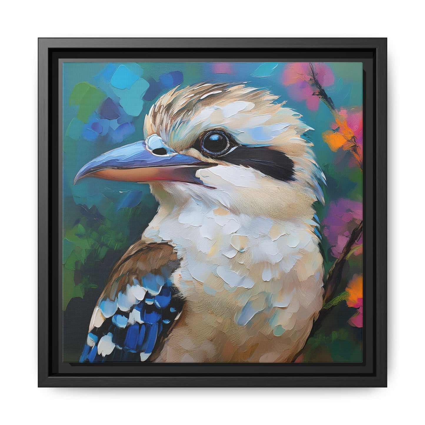 Kookaburra Australian Bird Oil Painting Framed Canvas Wall Art Print - Square Frame, Gallery Wrap, Bird Art, Home Decor, Gift for Bird
