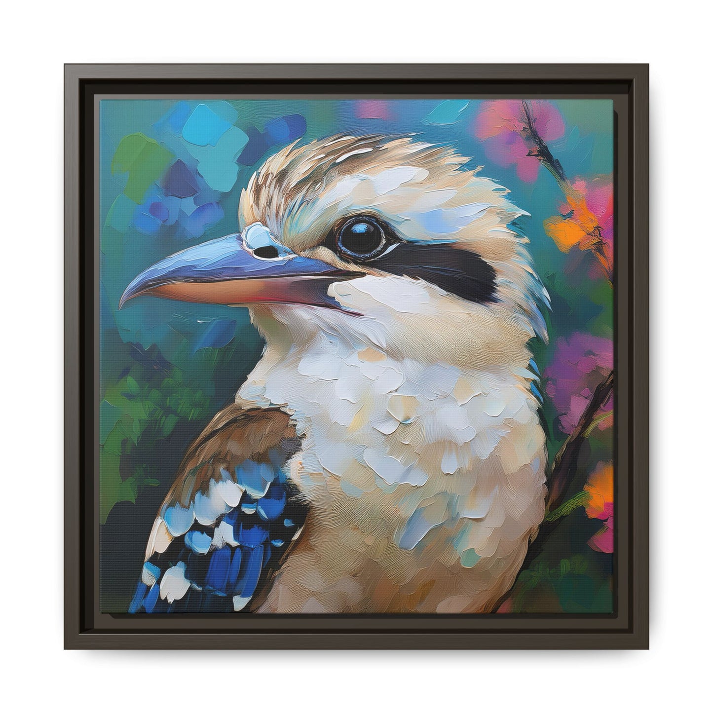 Kookaburra Australian Bird Oil Painting Framed Canvas Wall Art Print - Square Frame, Gallery Wrap, Bird Art, Home Decor, Gift for Bird