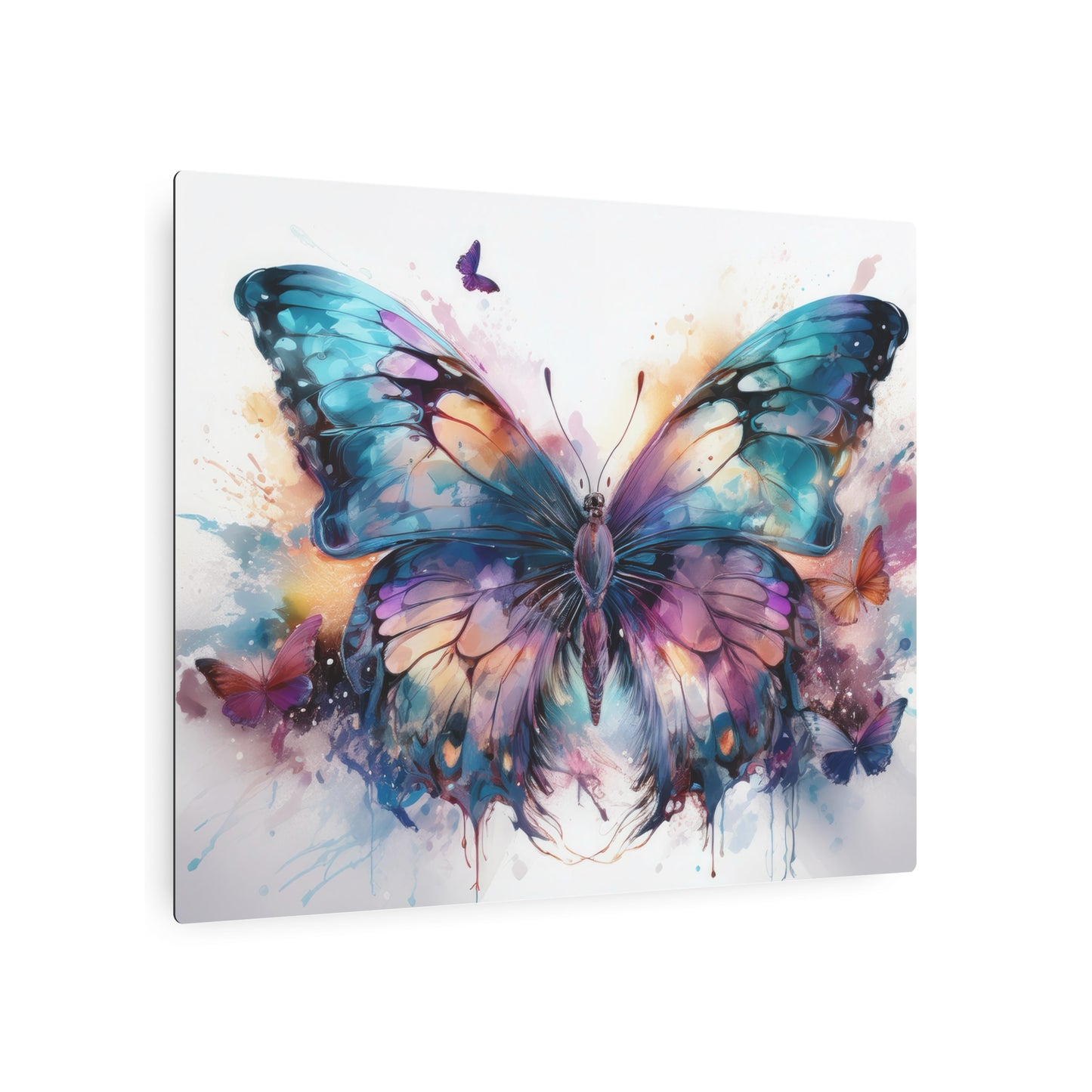 Butterfly Teal and Purple Ink Watercolor Metal Art Sign Print