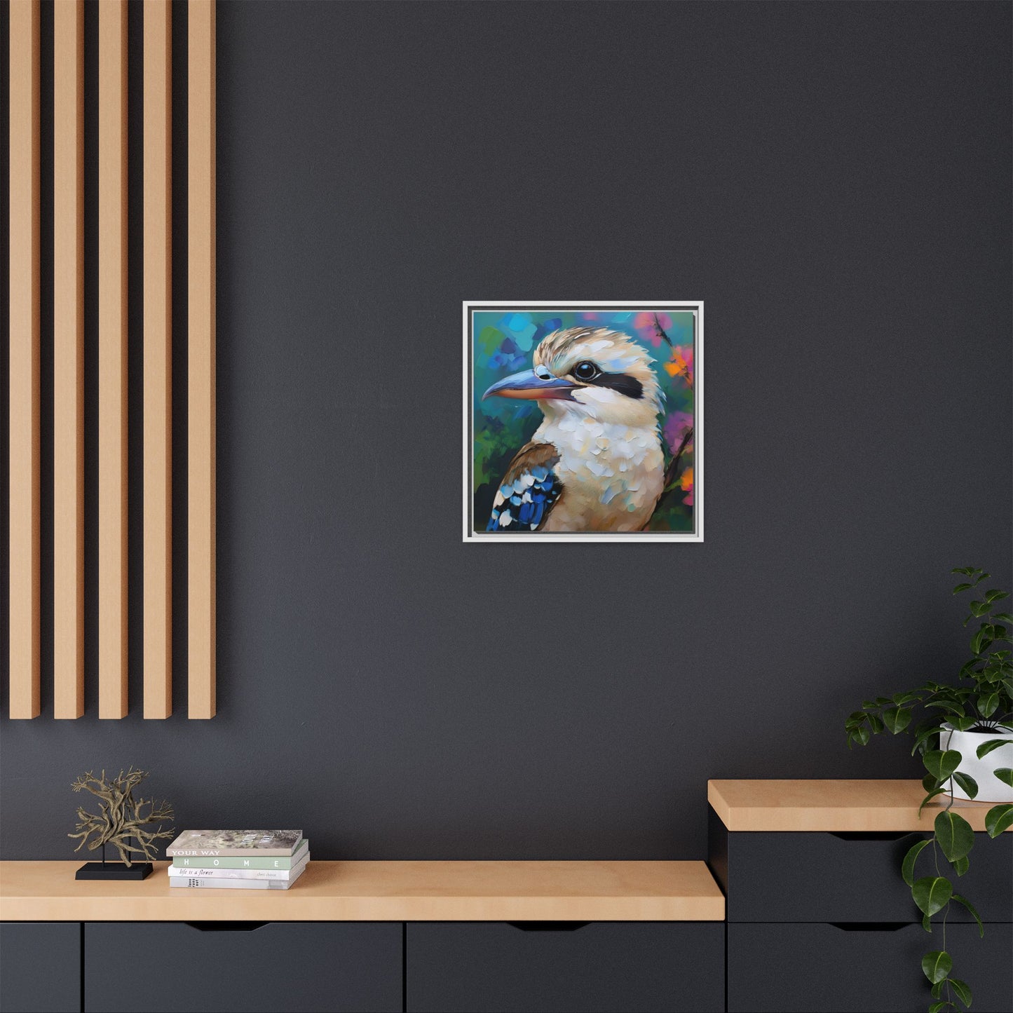 Kookaburra Australian Bird Oil Painting Framed Canvas Wall Art Print - Square Frame, Gallery Wrap, Bird Art, Home Decor, Gift for Bird