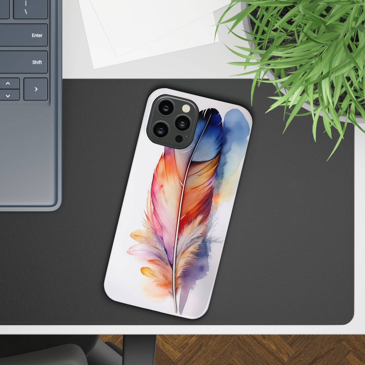 Rainbow Watercolor Feather Slim Phone Case