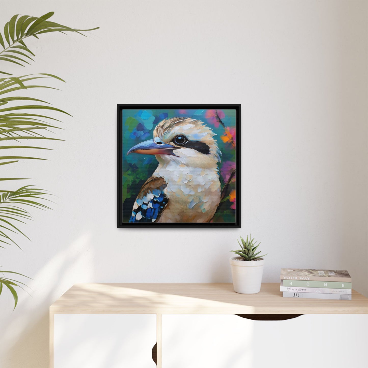 Kookaburra Australian Bird Oil Painting Framed Canvas Wall Art Print - Square Frame, Gallery Wrap, Bird Art, Home Decor, Gift for Bird