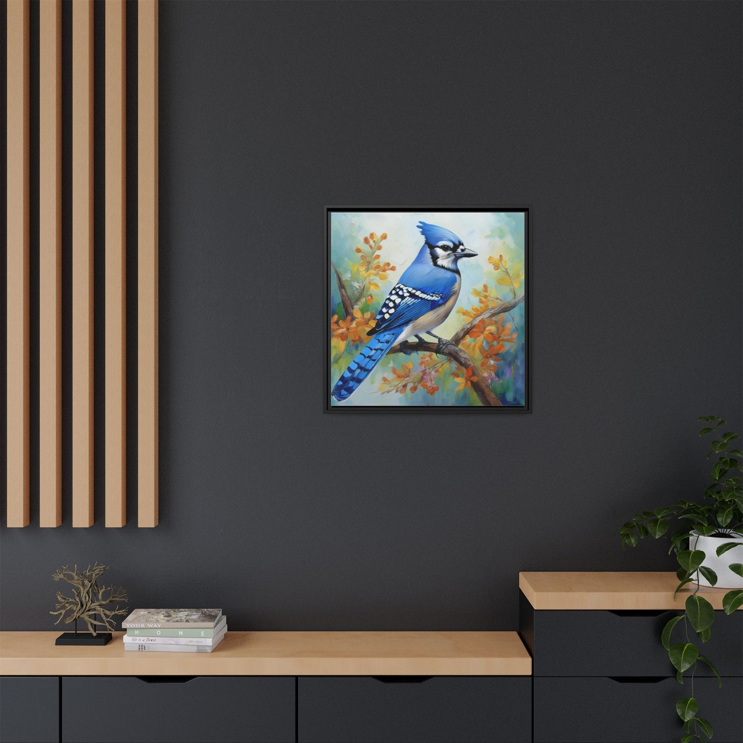 Blue Jay Bird Oil Painting Framed Canvas for Bird Lovers Home Decor, Indoor Wall Art, Wall Print, Bird Art, Living Room Wall Art