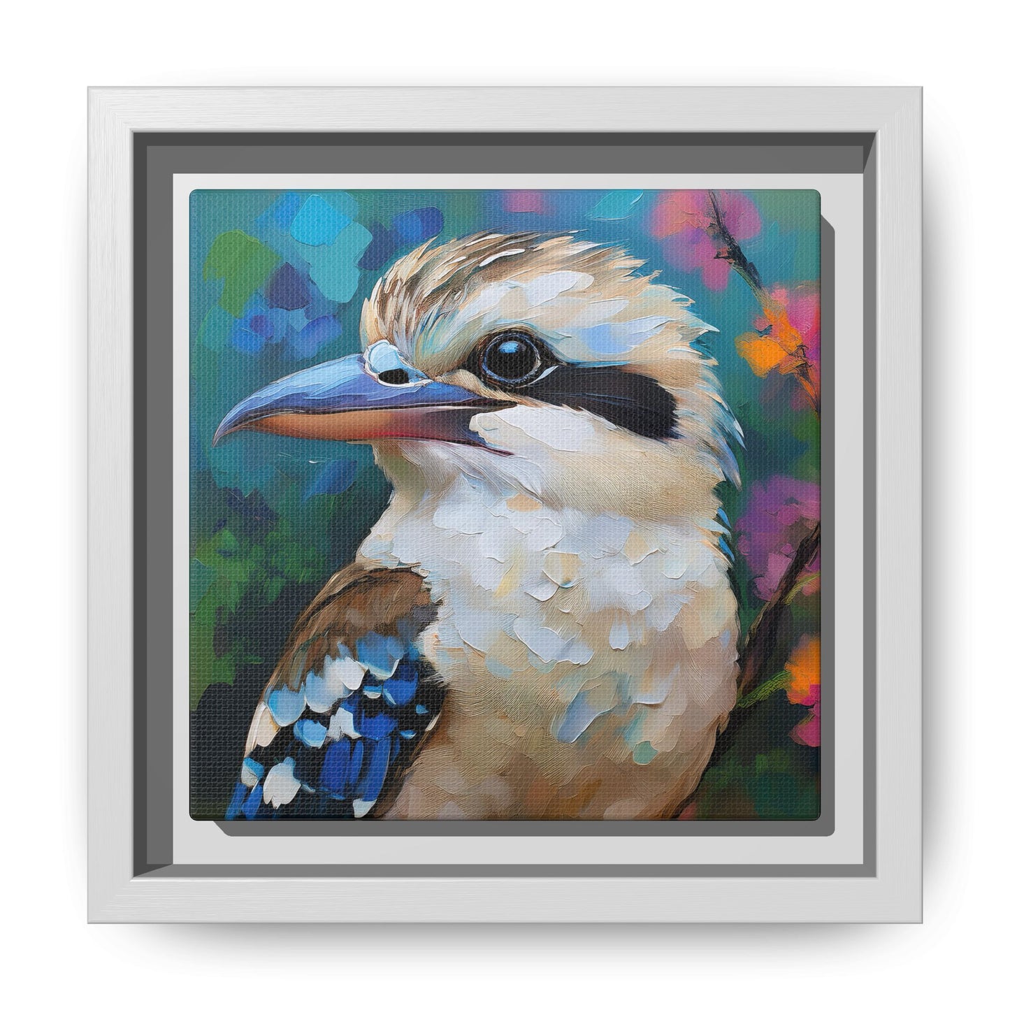 Kookaburra Australian Bird Oil Painting Framed Canvas Wall Art Print - Square Frame, Gallery Wrap, Bird Art, Home Decor, Gift for Bird