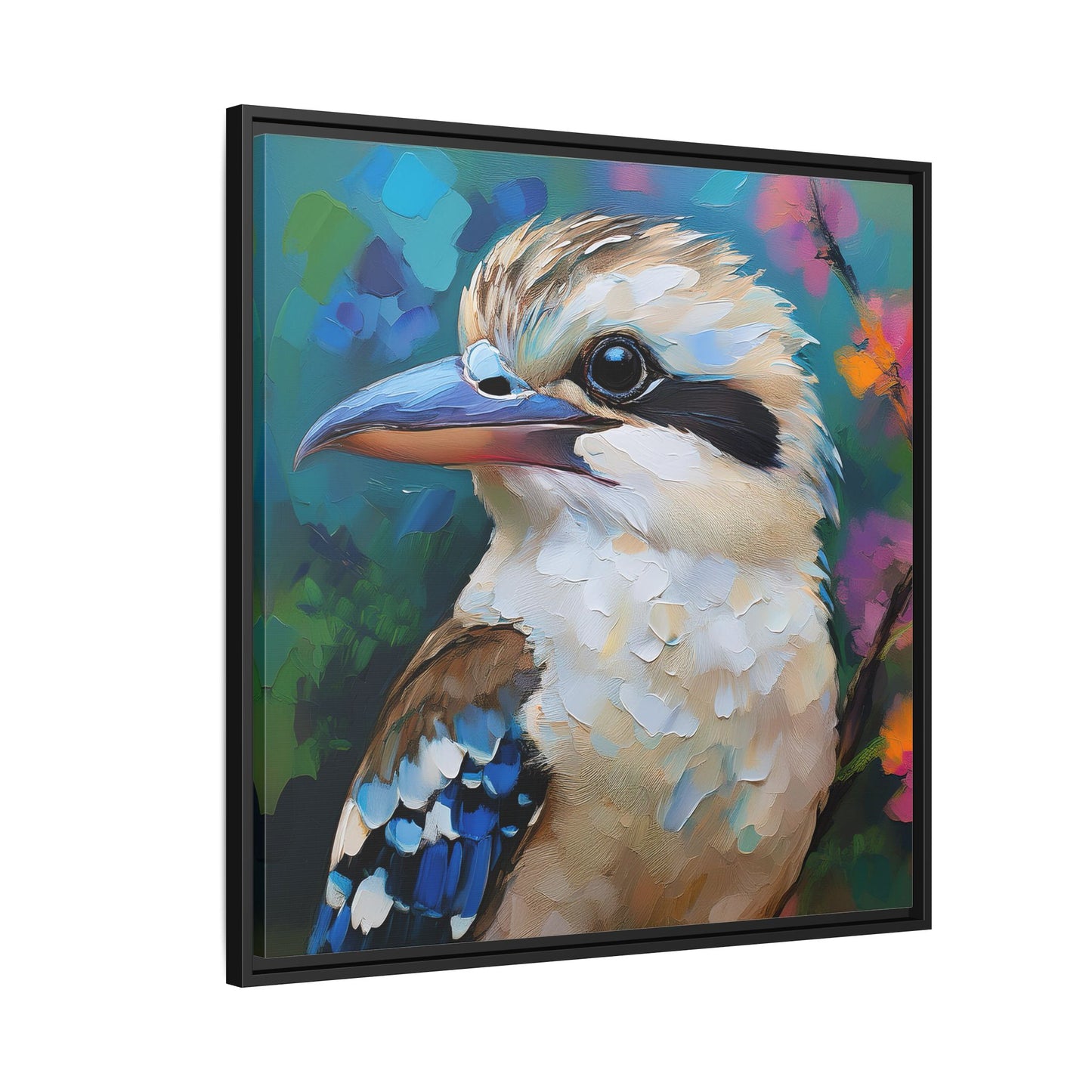 Kookaburra Australian Bird Oil Painting Framed Canvas Wall Art Print - Square Frame, Gallery Wrap, Bird Art, Home Decor, Gift for Bird
