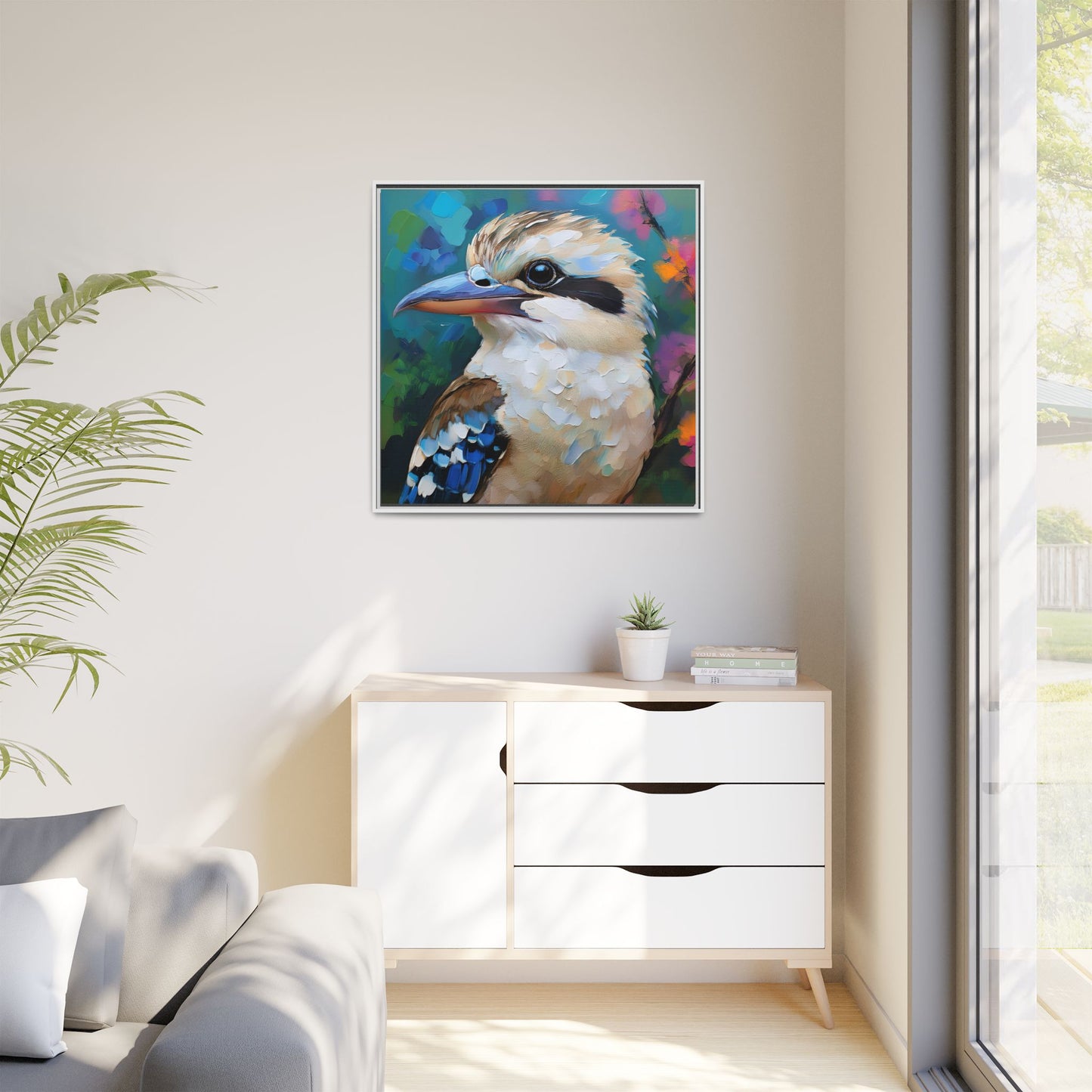 Kookaburra Australian Bird Oil Painting Framed Canvas Wall Art Print - Square Frame, Gallery Wrap, Bird Art, Home Decor, Gift for Bird